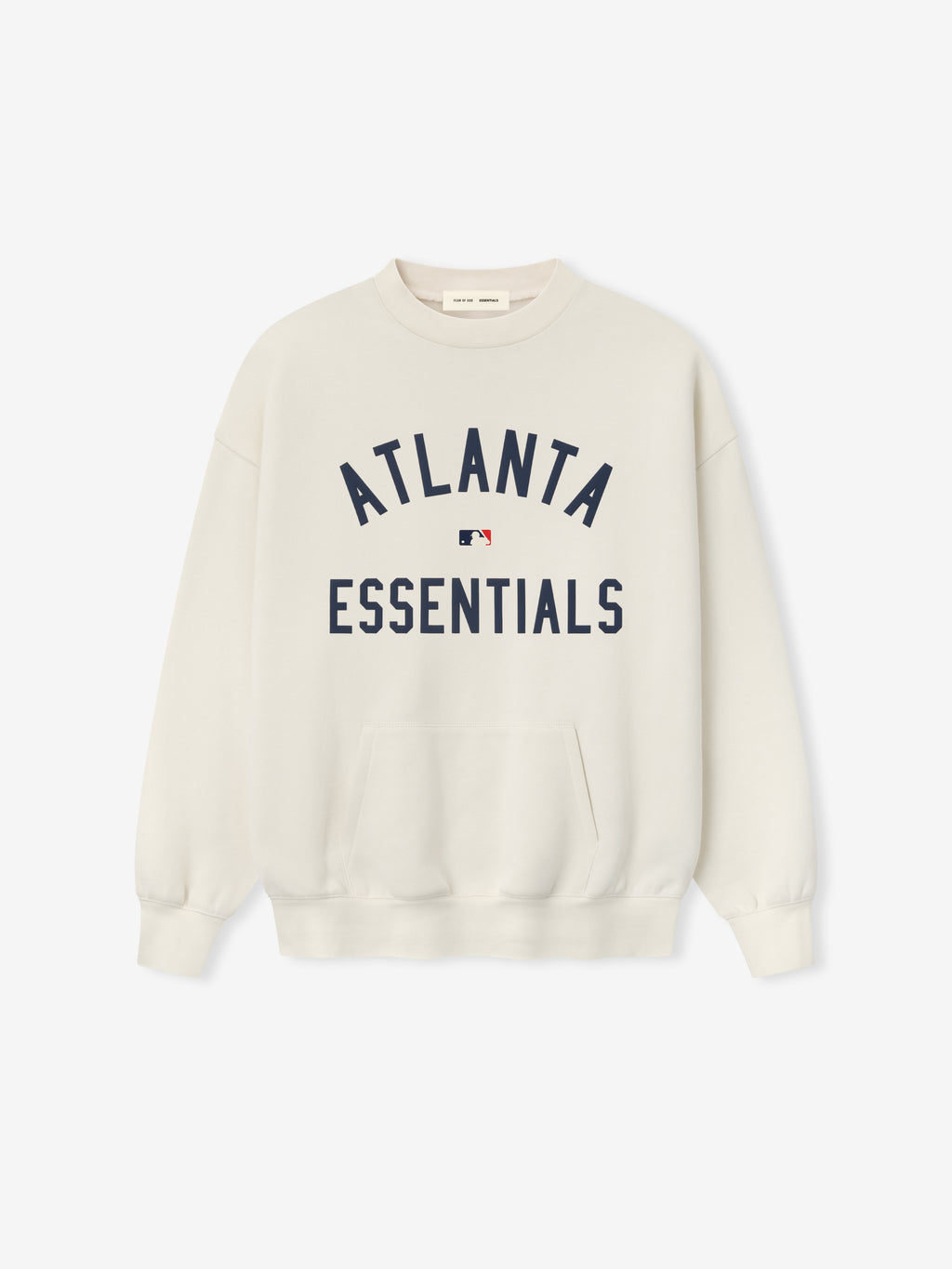Off-white crewneck sweatshirt with navy blue "ATLANTA ESSENTIALS" text and small MLB logo centered on front fabric