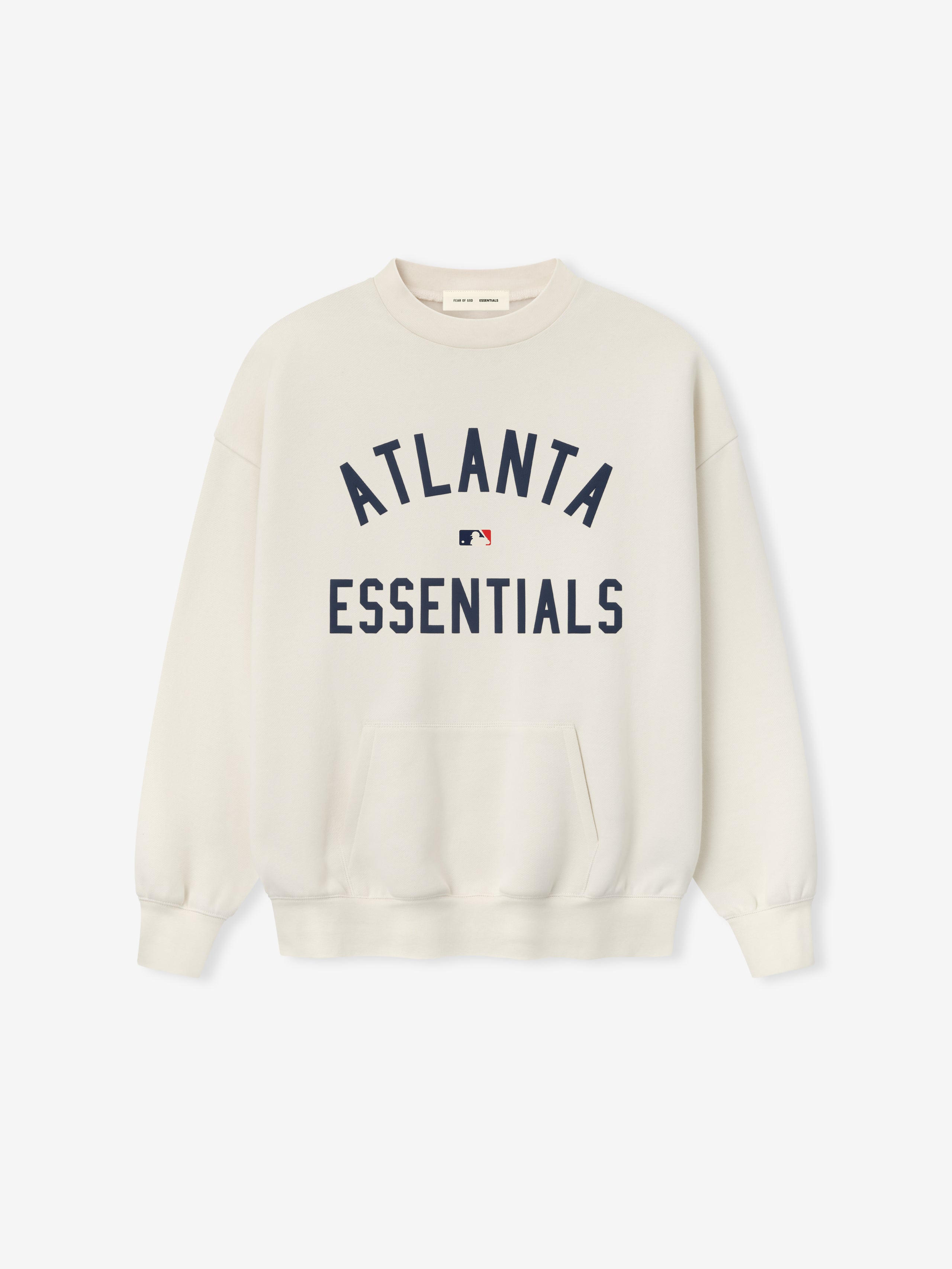 Off-white crewneck sweatshirt with navy blue "ATLANTA ESSENTIALS" text and small MLB logo centered on front fabric
