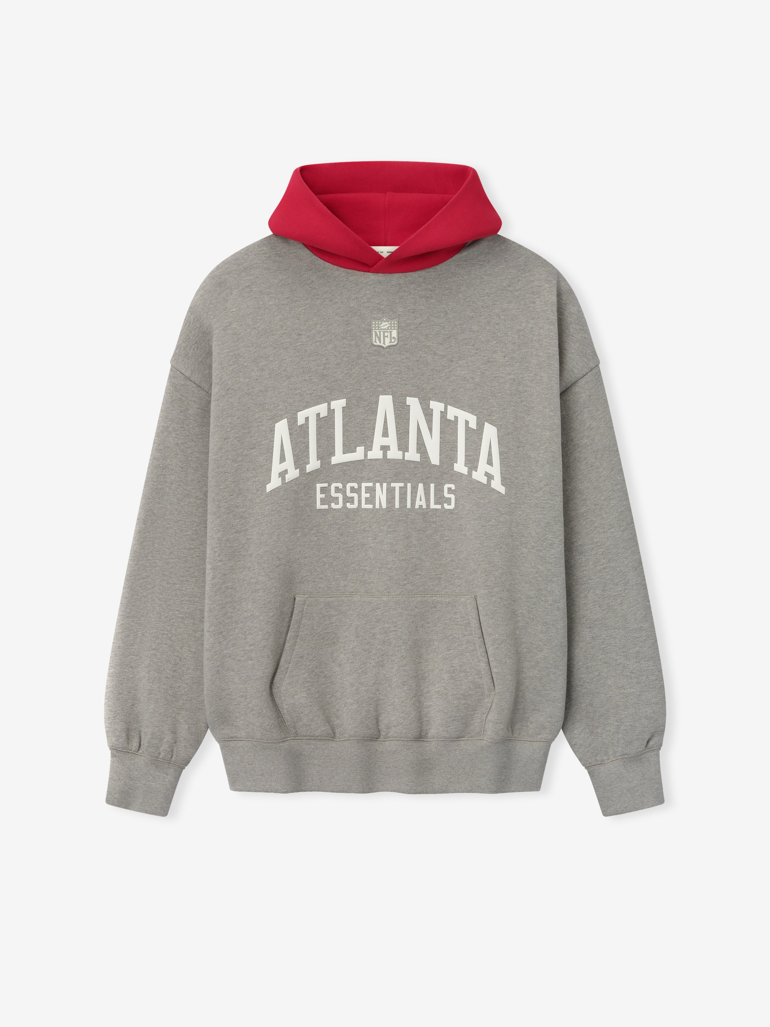 Grey Essentials hoodie with contrasting red hood and white "ATLANTA ESSENTIALS" text and NFL logo on front fabric