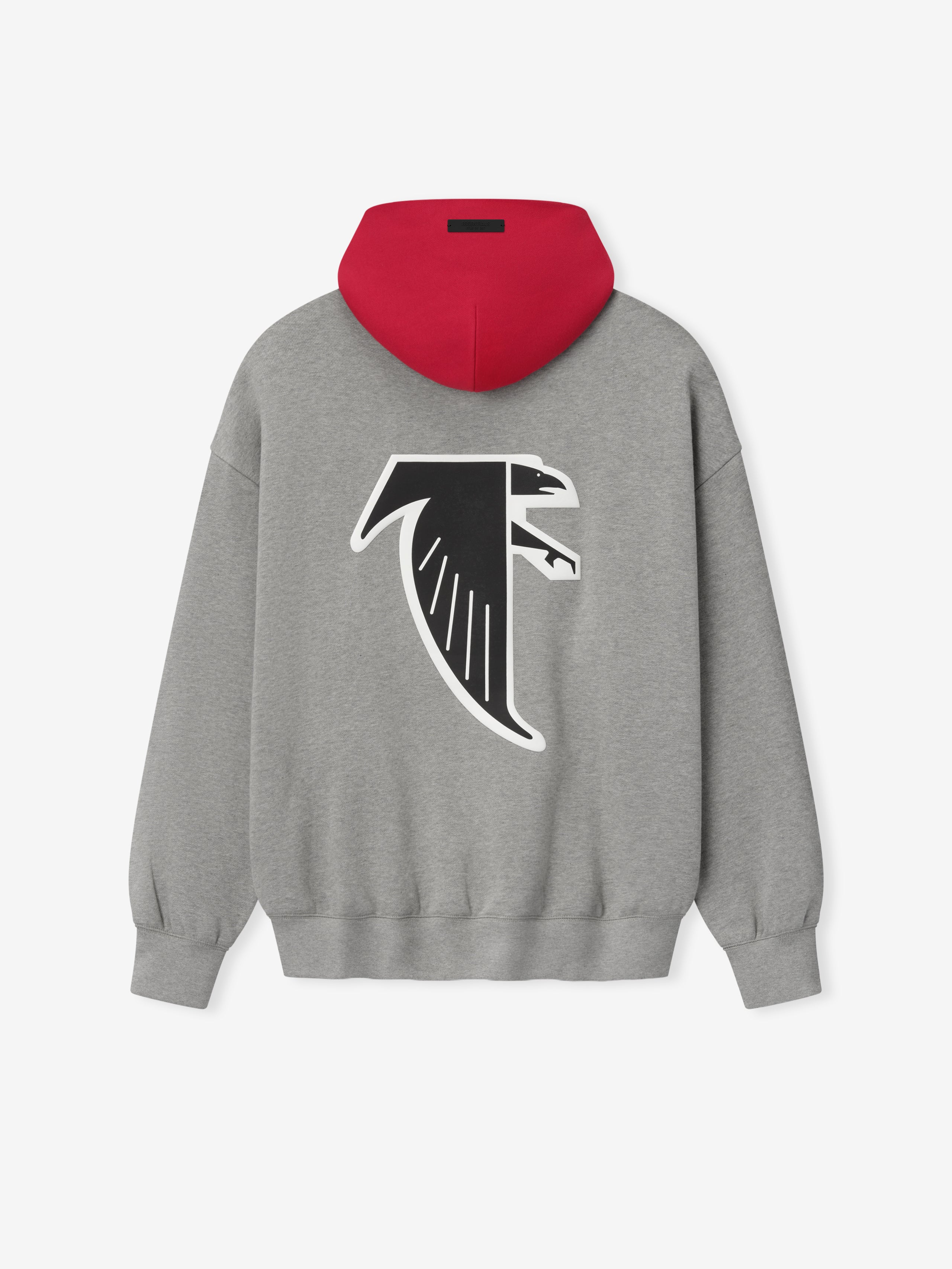 Heather grey hoodie with contrasting red hood and large stylized black and white falcon logo on back panel