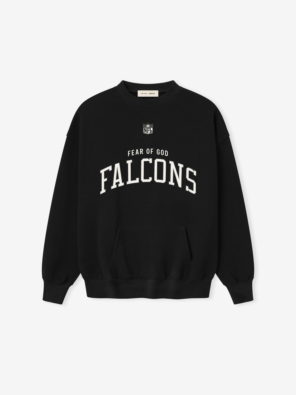 Black crewneck sweatshirt with white "FEAR OF GOD FALCONS" collegiate-style text and small NFL logo on front center fabric