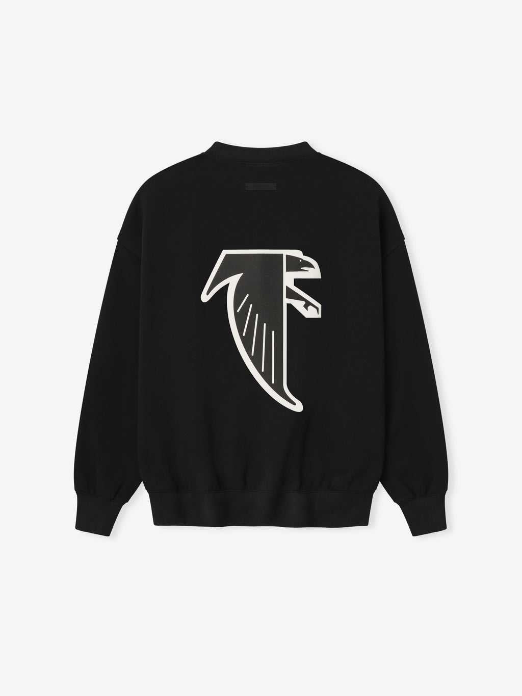 Black crewneck showing large minimalist white falcon head graphic centered on back fabric against plain background