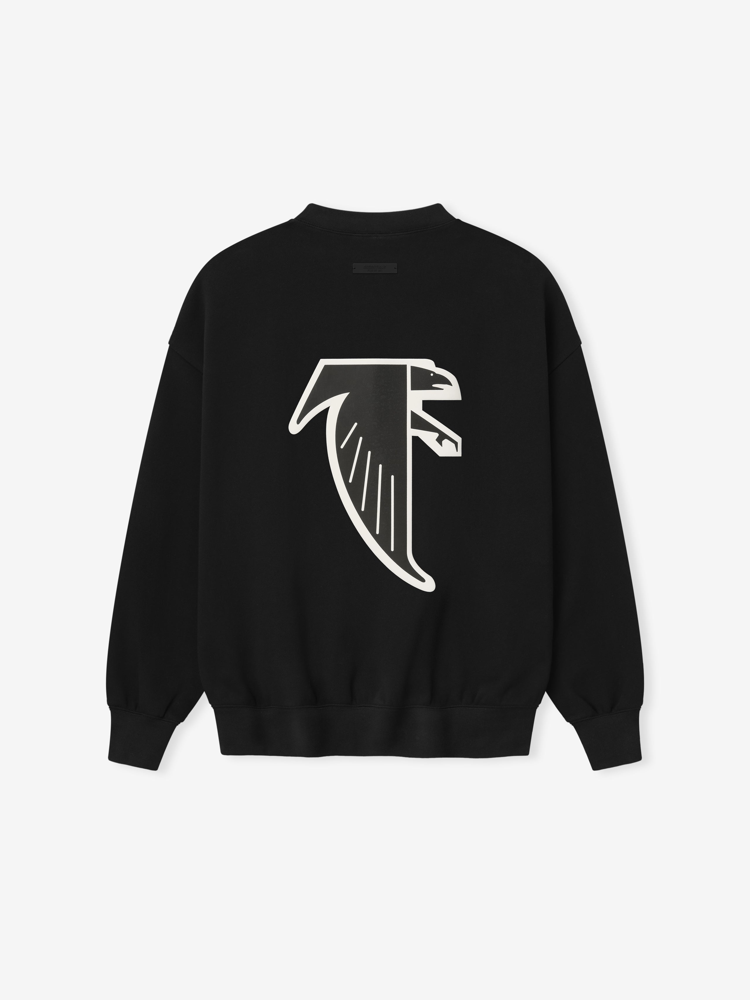 Black crewneck showing large minimalist white falcon head graphic centered on back fabric against plain background