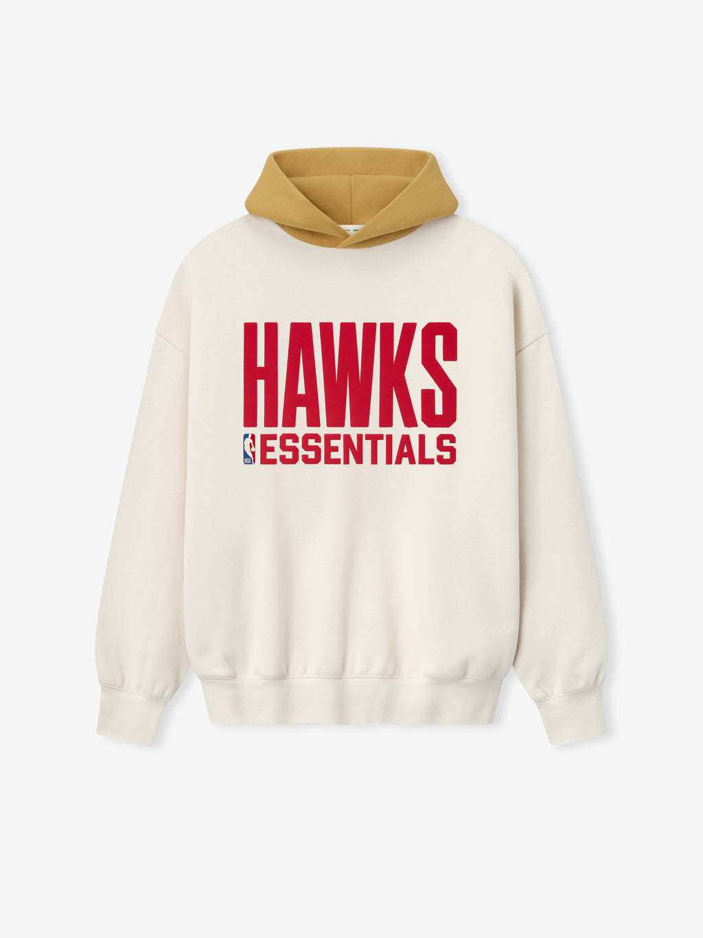 Cream Hawks Sport hoodie with contrasting tan hood and bold red "HAWKS ESSENTIALS" text and NBA logo on front center