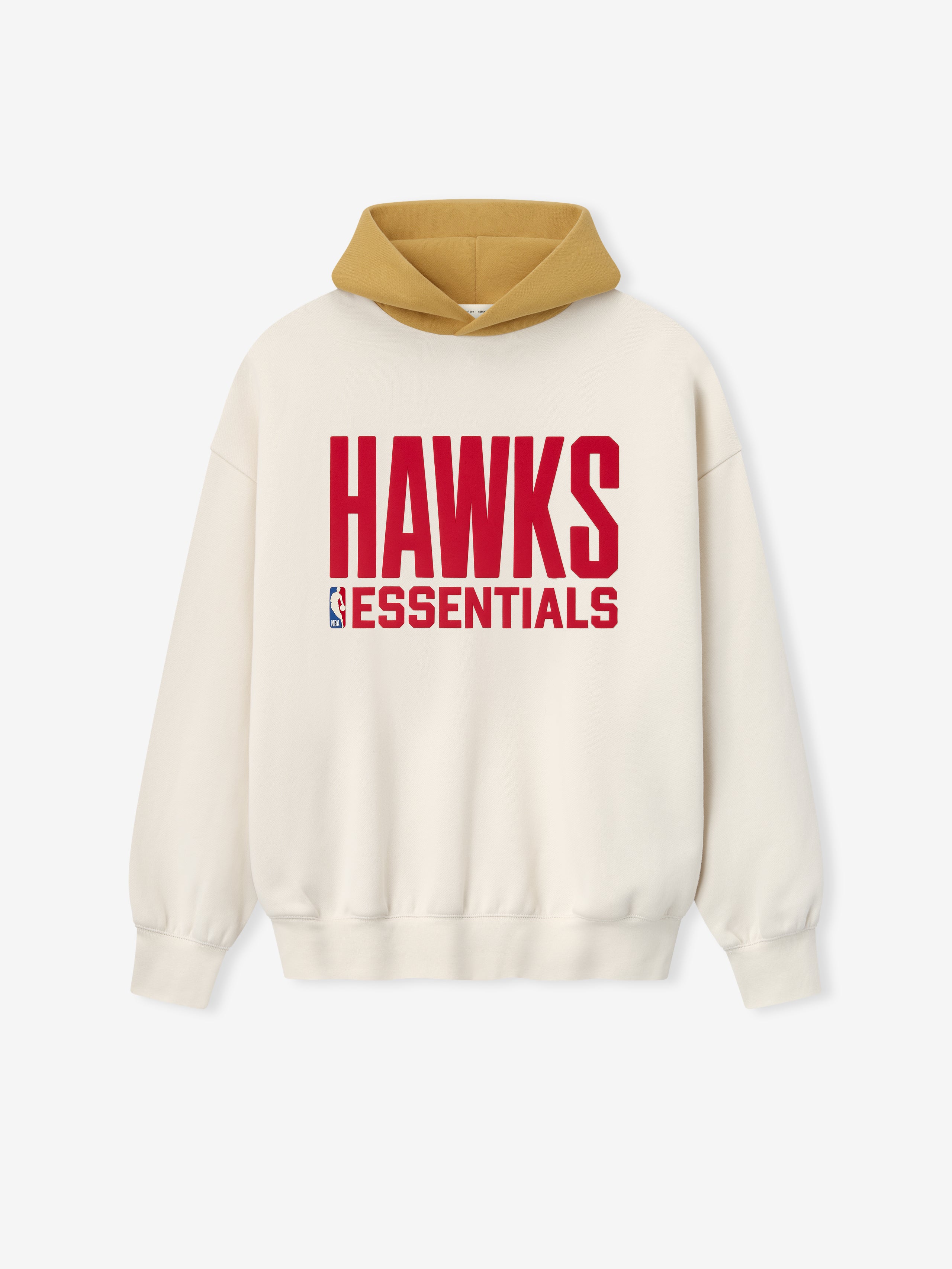 Cream Hawks Sport hoodie with contrasting tan hood and bold red "HAWKS ESSENTIALS" text and NBA logo on front center