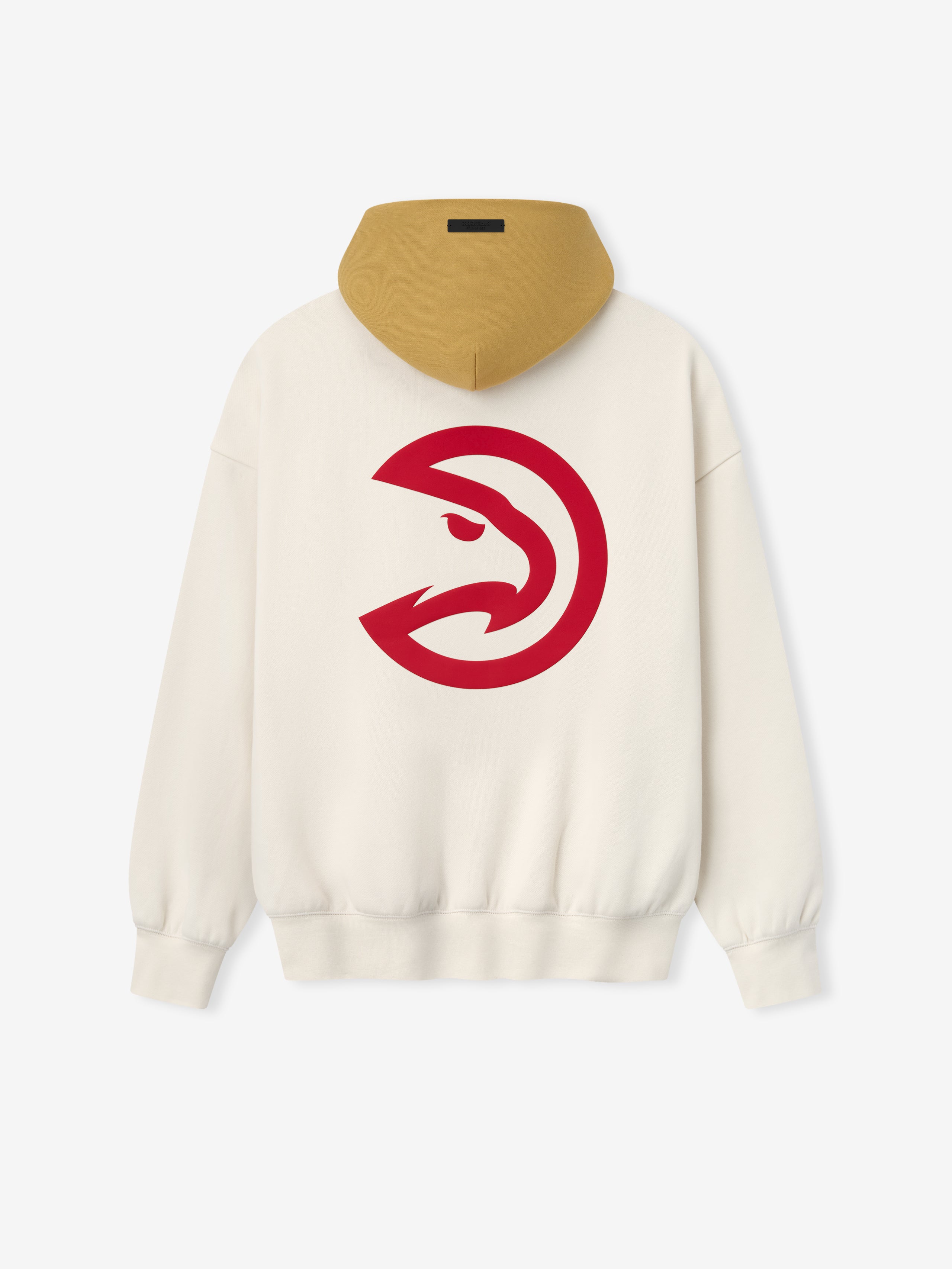 Rear view of cream Hawks Sport hoodie with contrasting tan hood and large red stylized hawk logo centered on back fabric