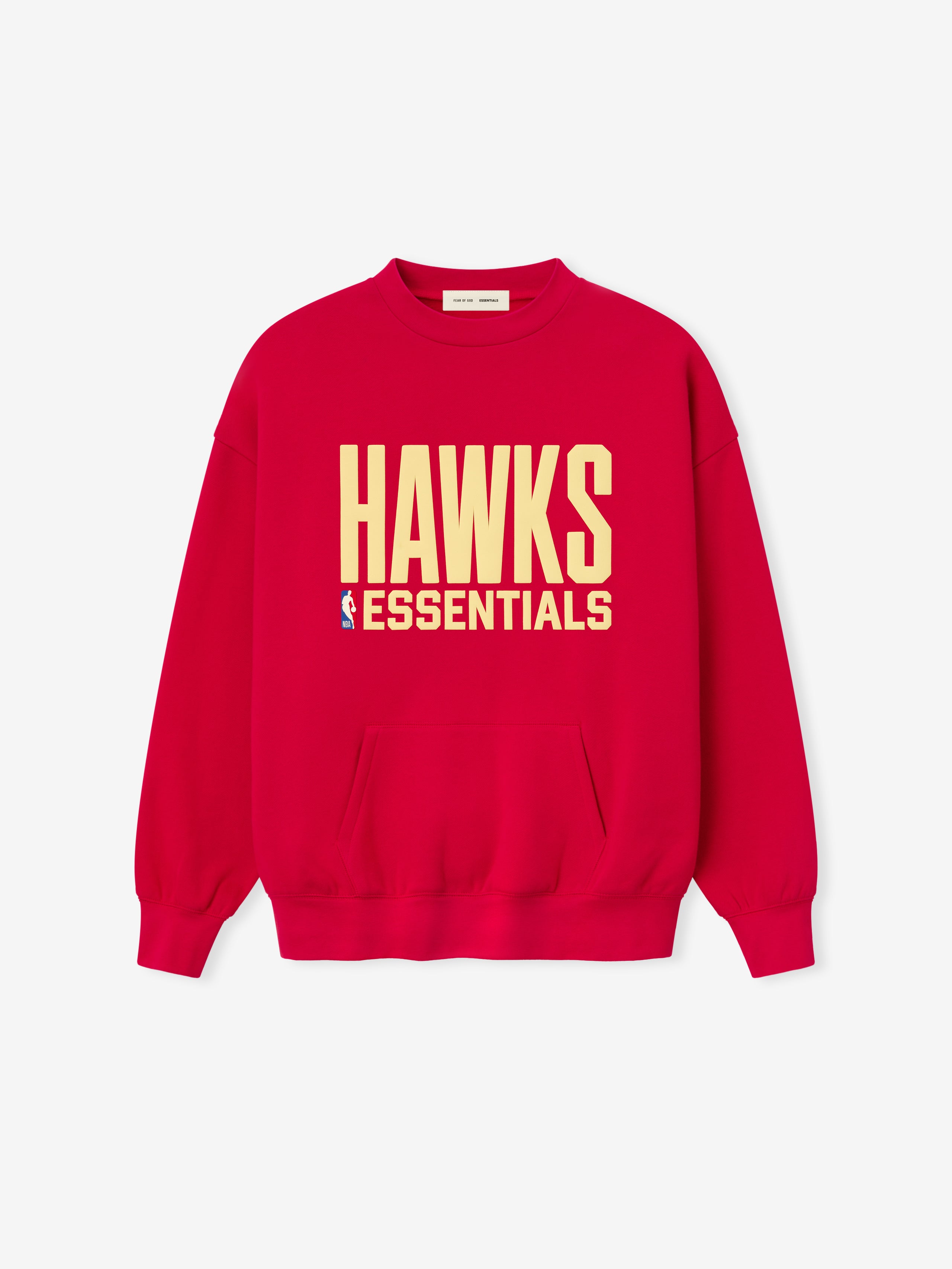 Red crewneck sweatshirt with large beige "HAWKS ESSENTIALS" text and small NBA logo on front center