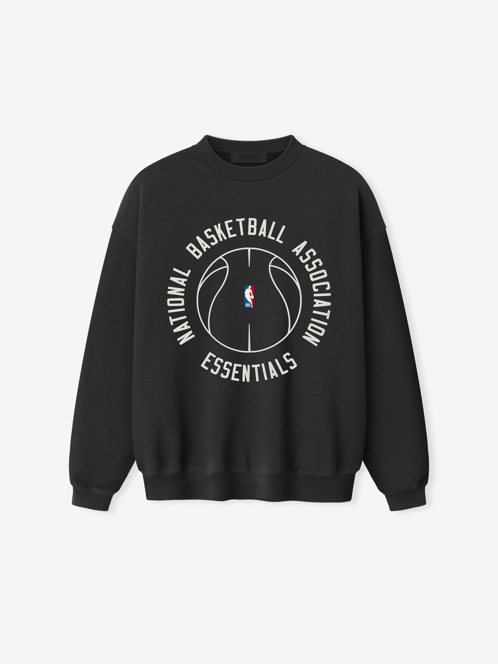 black heavyweight crewneck sweatshirt with circular NBA logo and National Basketball Association Essentials text on front