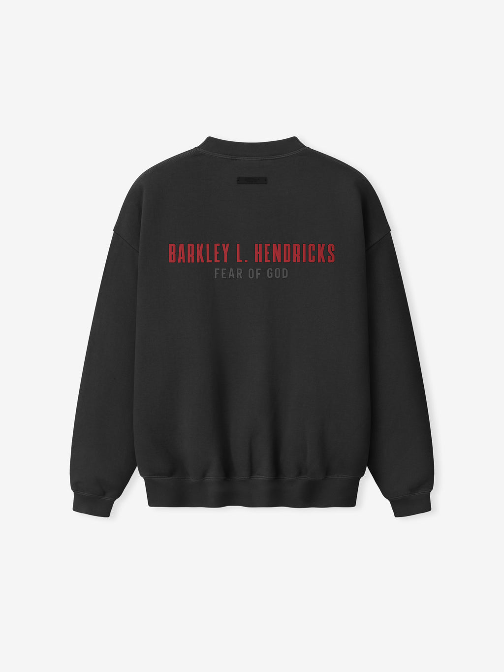 black heavyweight crewneck sweatshirt with red Barkley L. Hendricks text and subtle Fear of God branding on back