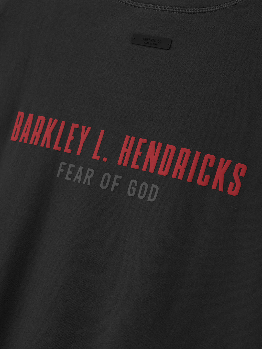 black crewneck sweatshirt with red Barkley L. Hendricks text and gray Fear of God logo printed on front