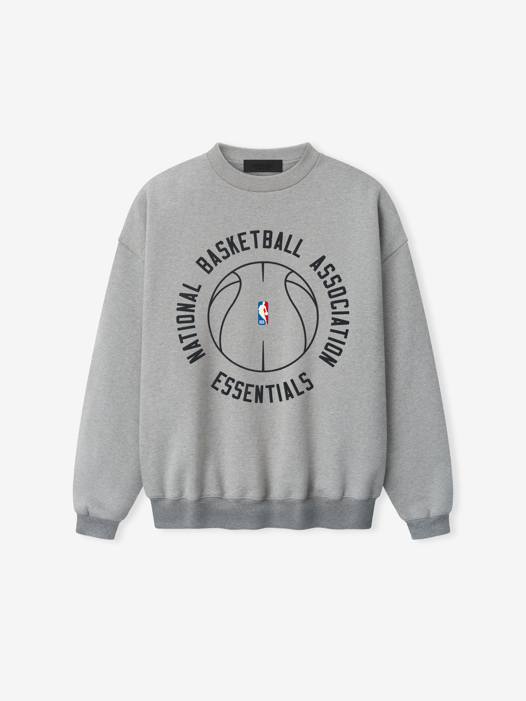 light grey heavyweight crewneck with black outlined basketball graphic and NBA Essentials text printed on front