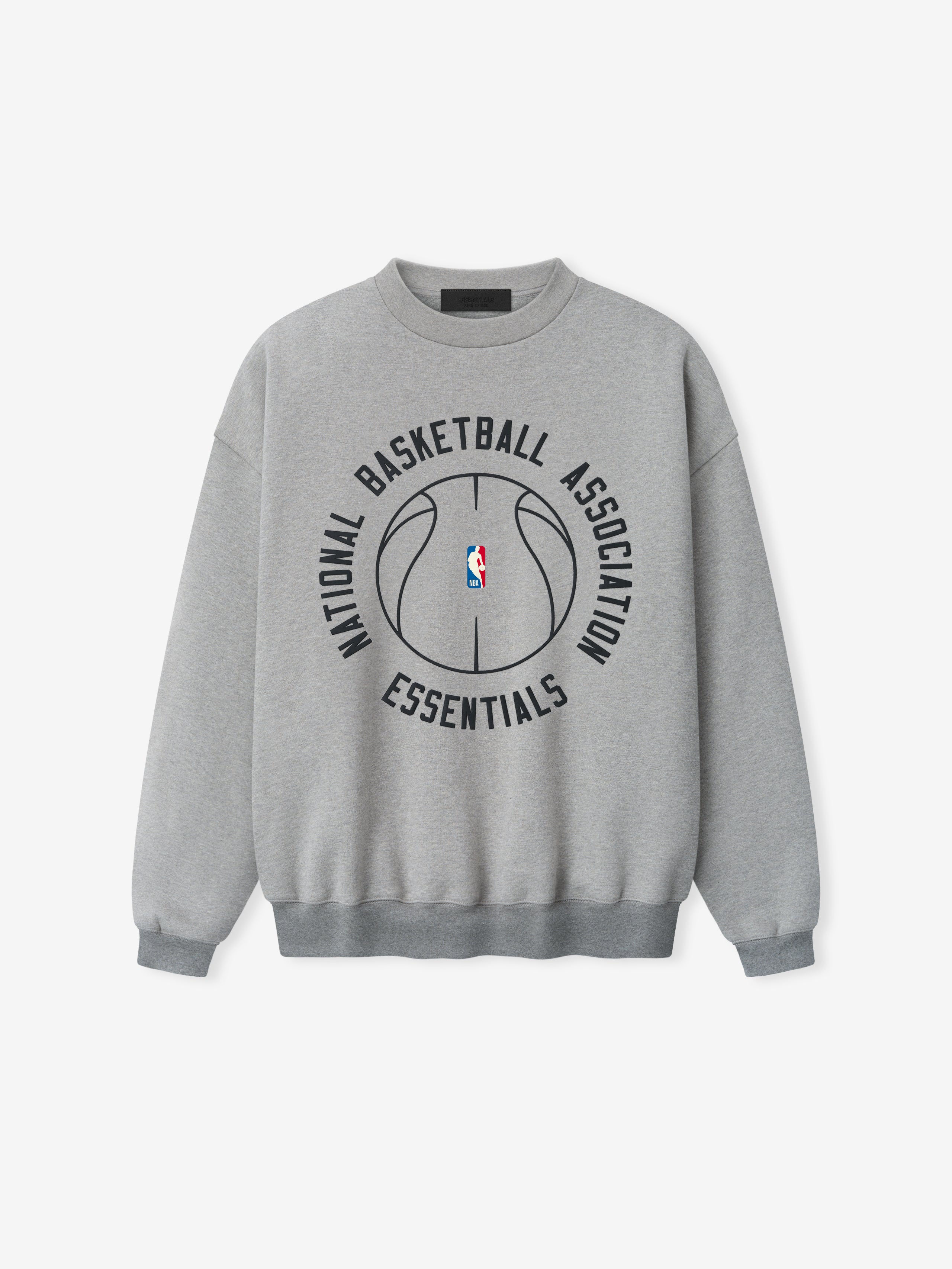 light grey heavyweight crewneck with black outlined basketball graphic and NBA Essentials text printed on front