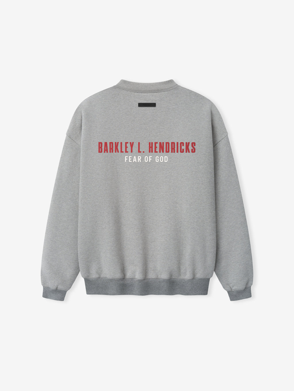 light grey heavyweight crewneck sweatshirt with red Barkley L. Hendricks and white Fear of God text on back