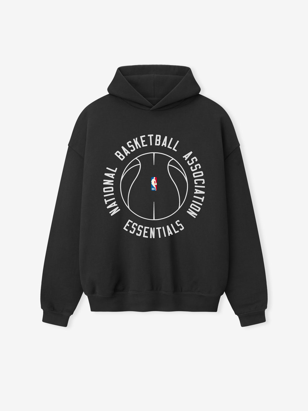 black heavyweight hoodie with white outlined basketball and circular National Basketball Association Essentials text on front