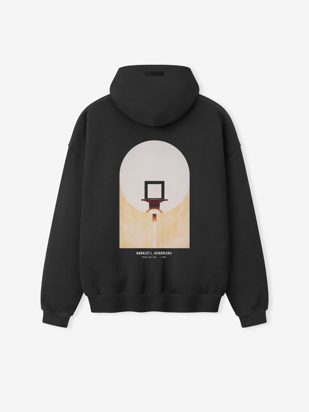 black heavyweight hoodie with artistic basketball hoop graphic and Barkley L. Hendricks text on back