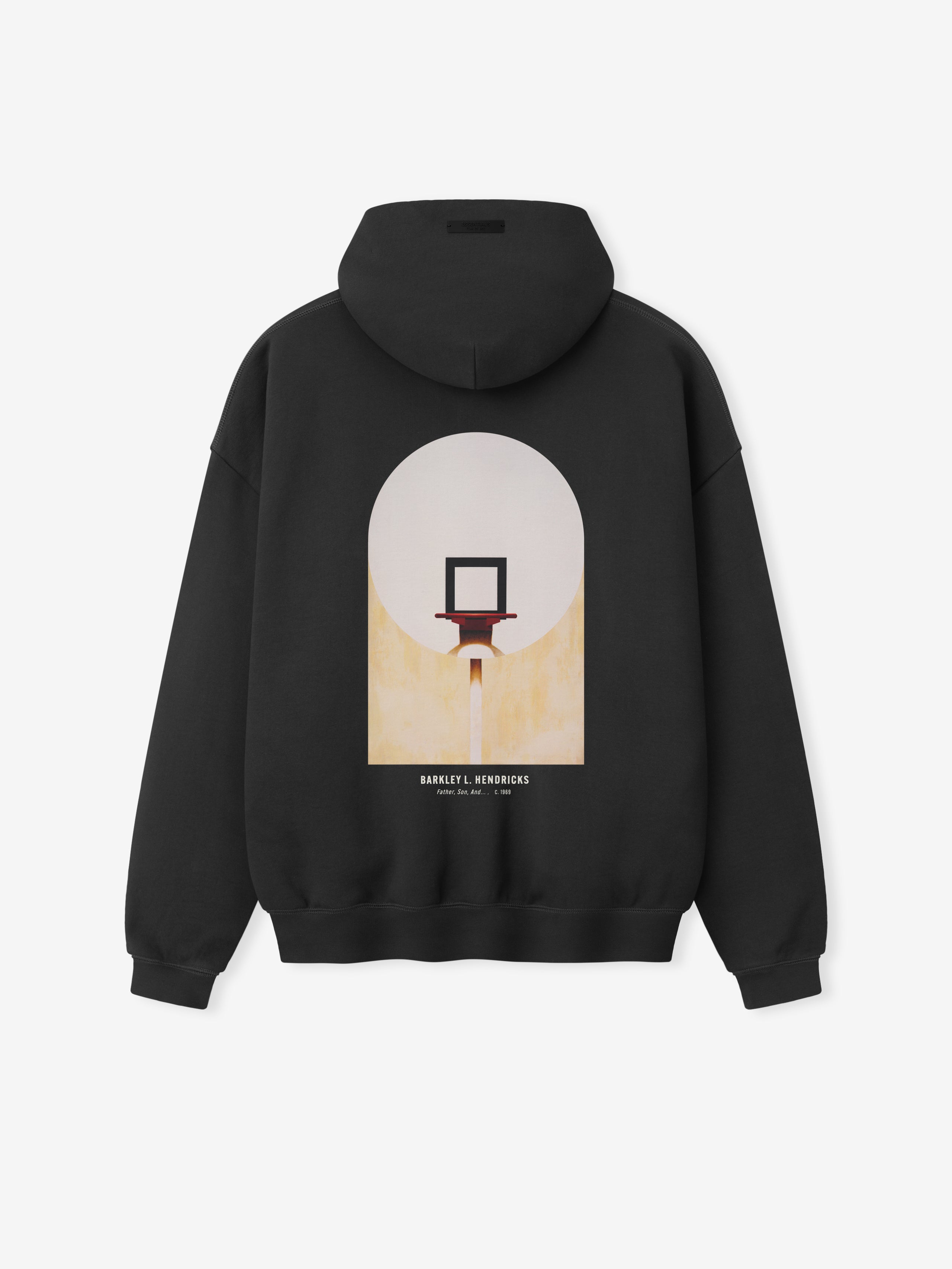 black heavyweight hoodie with artistic basketball hoop graphic and Barkley L. Hendricks text on back