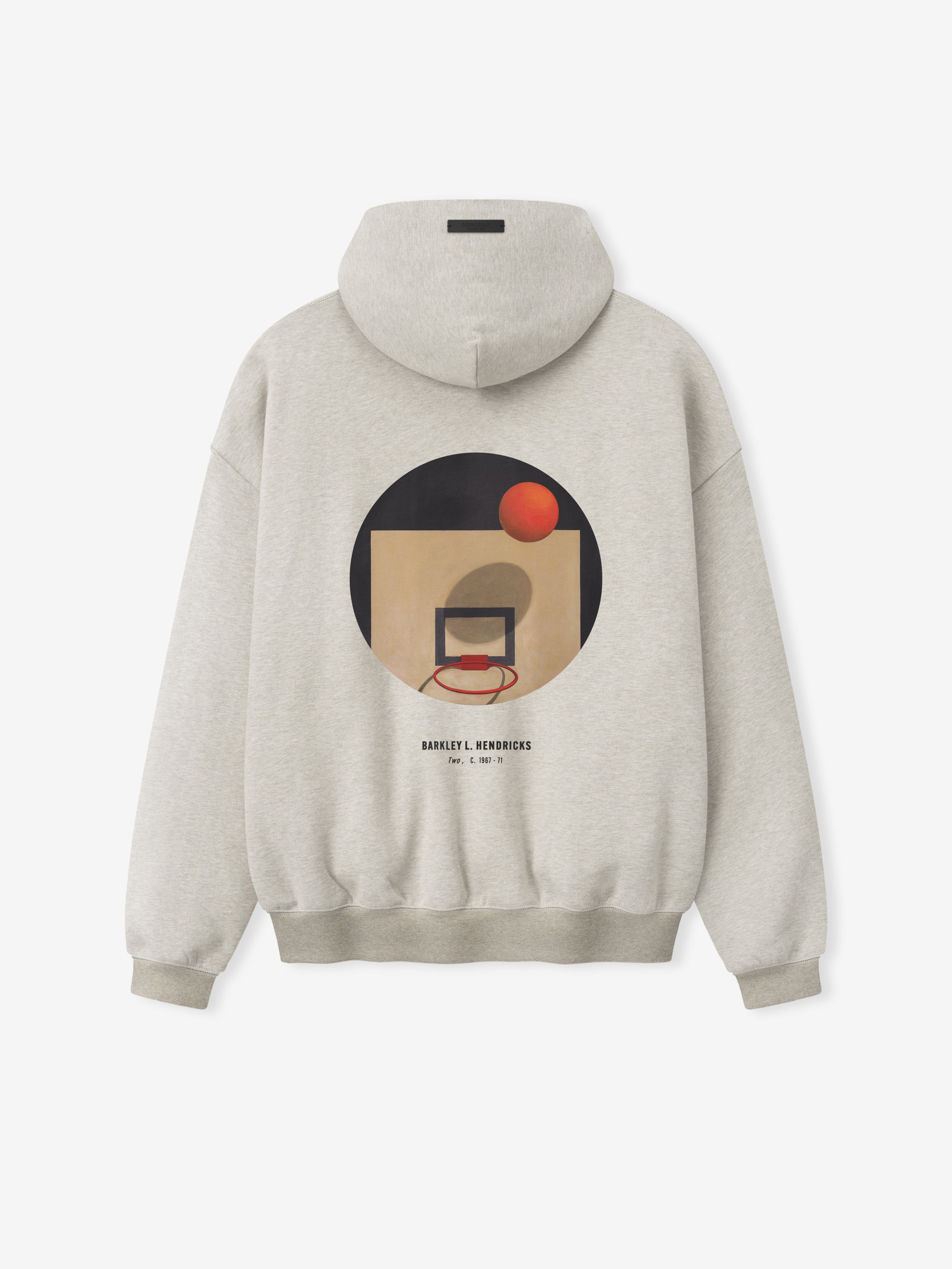 off-white oversized hoodie with central circular graphic of basketball hoop and backboard by Barkley Hendricks