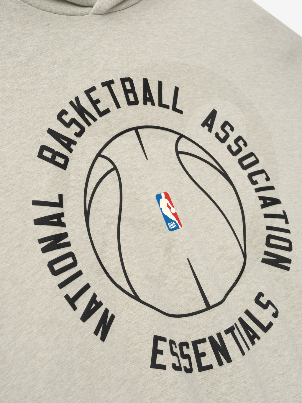 beige heavyweight hoodie with outlined basketball and circular National Basketball Association Essentials text graphic on front