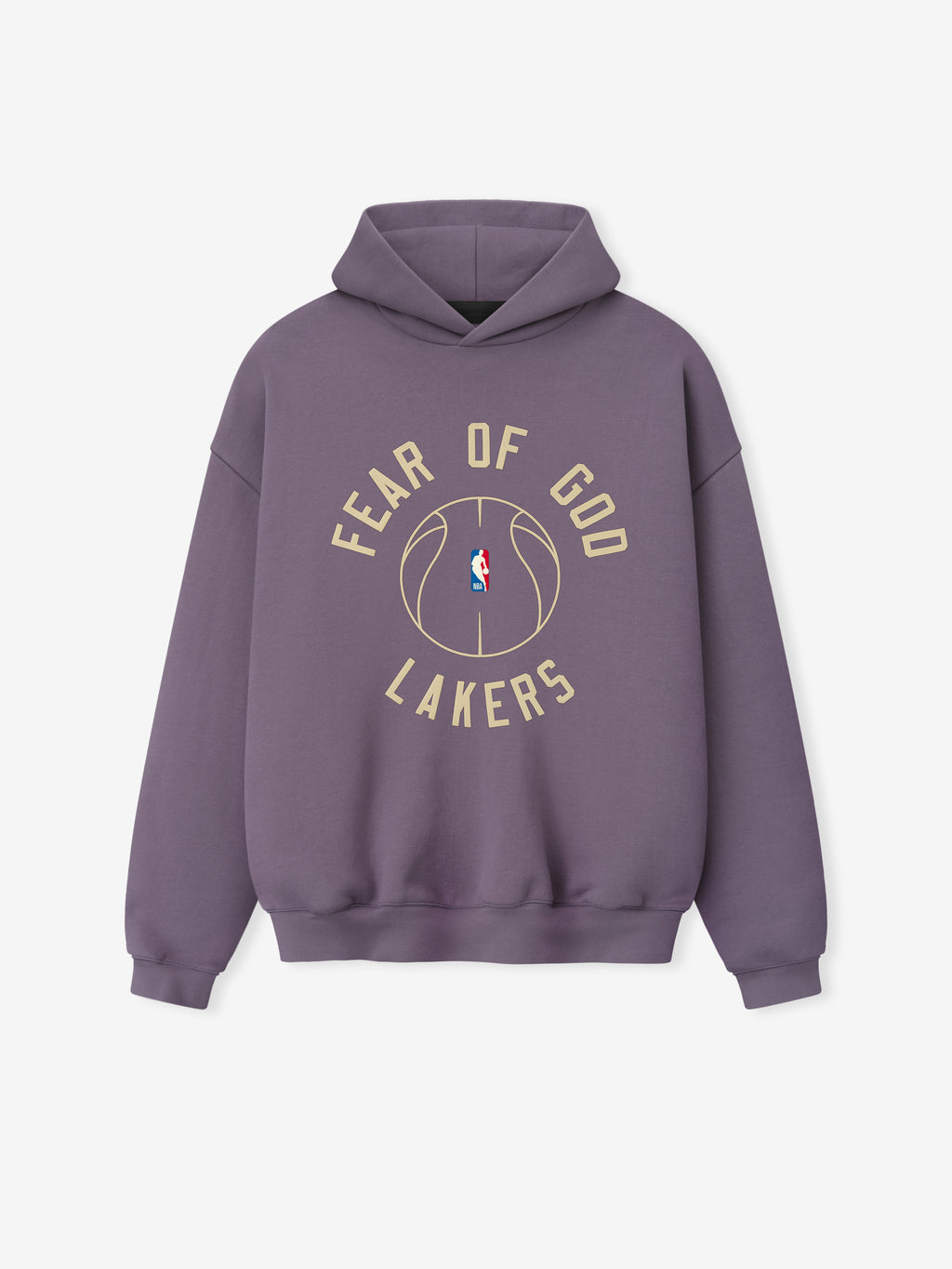dusty purple heavyweight hoodie with puff-printed "FEAR OF GOD LAKERS" text and outlined basketball graphic on front center