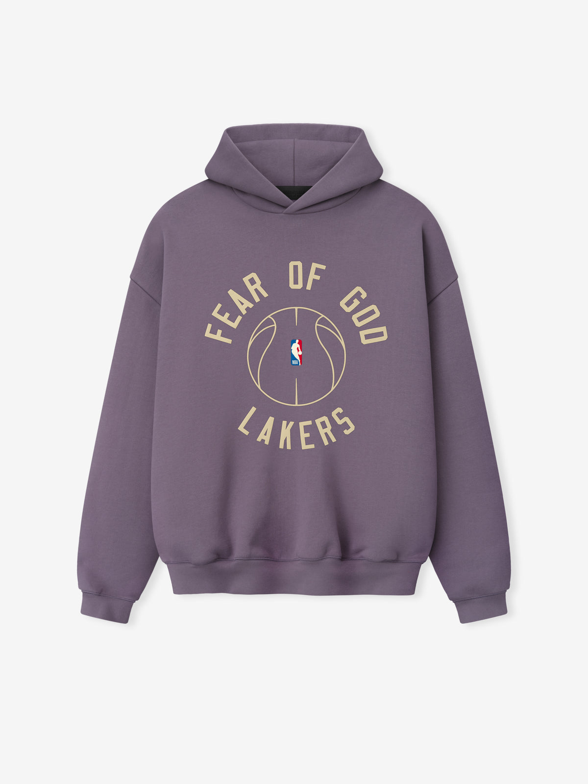 dusty purple heavyweight hoodie with puff-printed "FEAR OF GOD LAKERS" text and outlined basketball graphic on front center