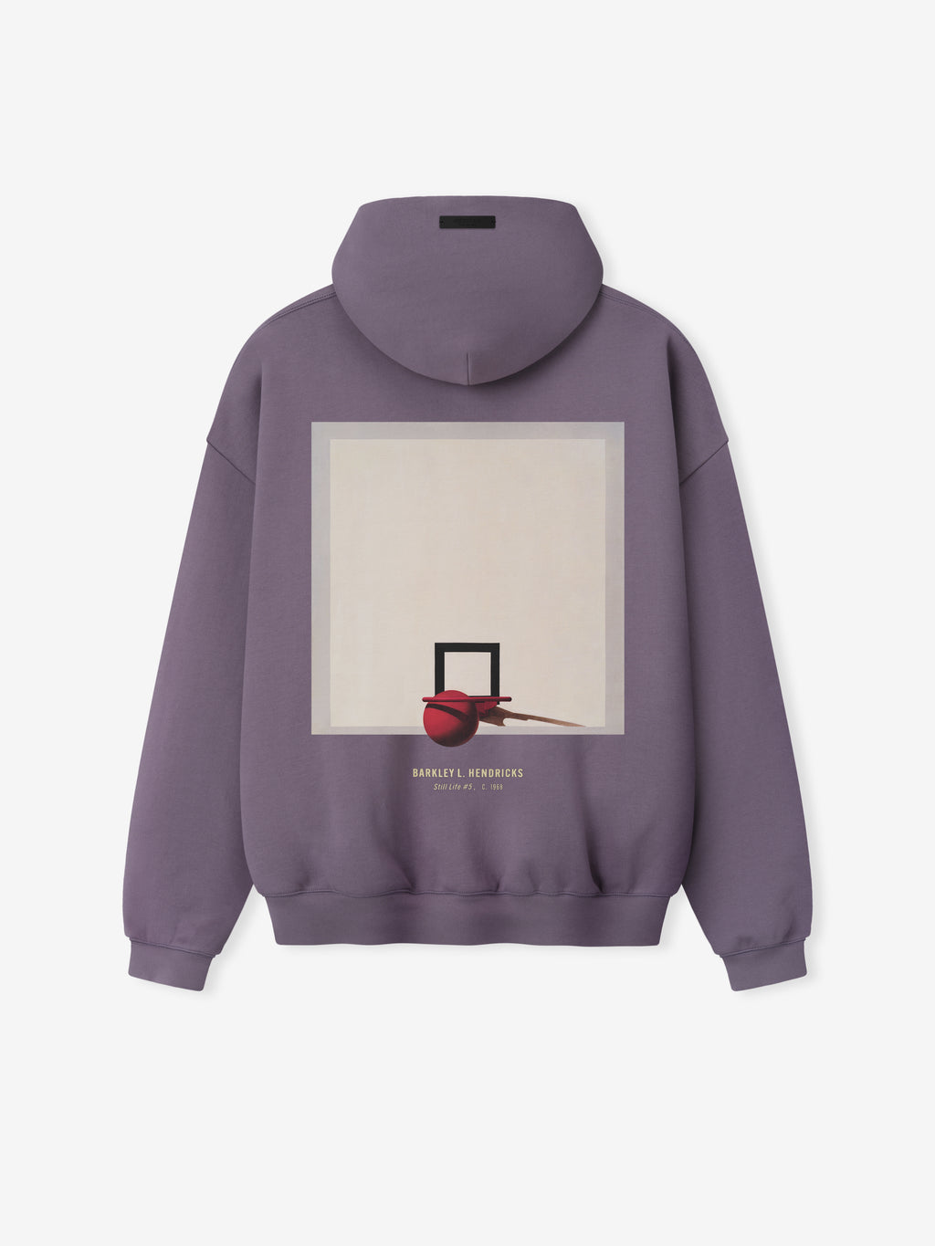 dusty purple heavyweight hoodie with minimalist basketball hoop and ball artwork and Barkley Hendricks text on back center