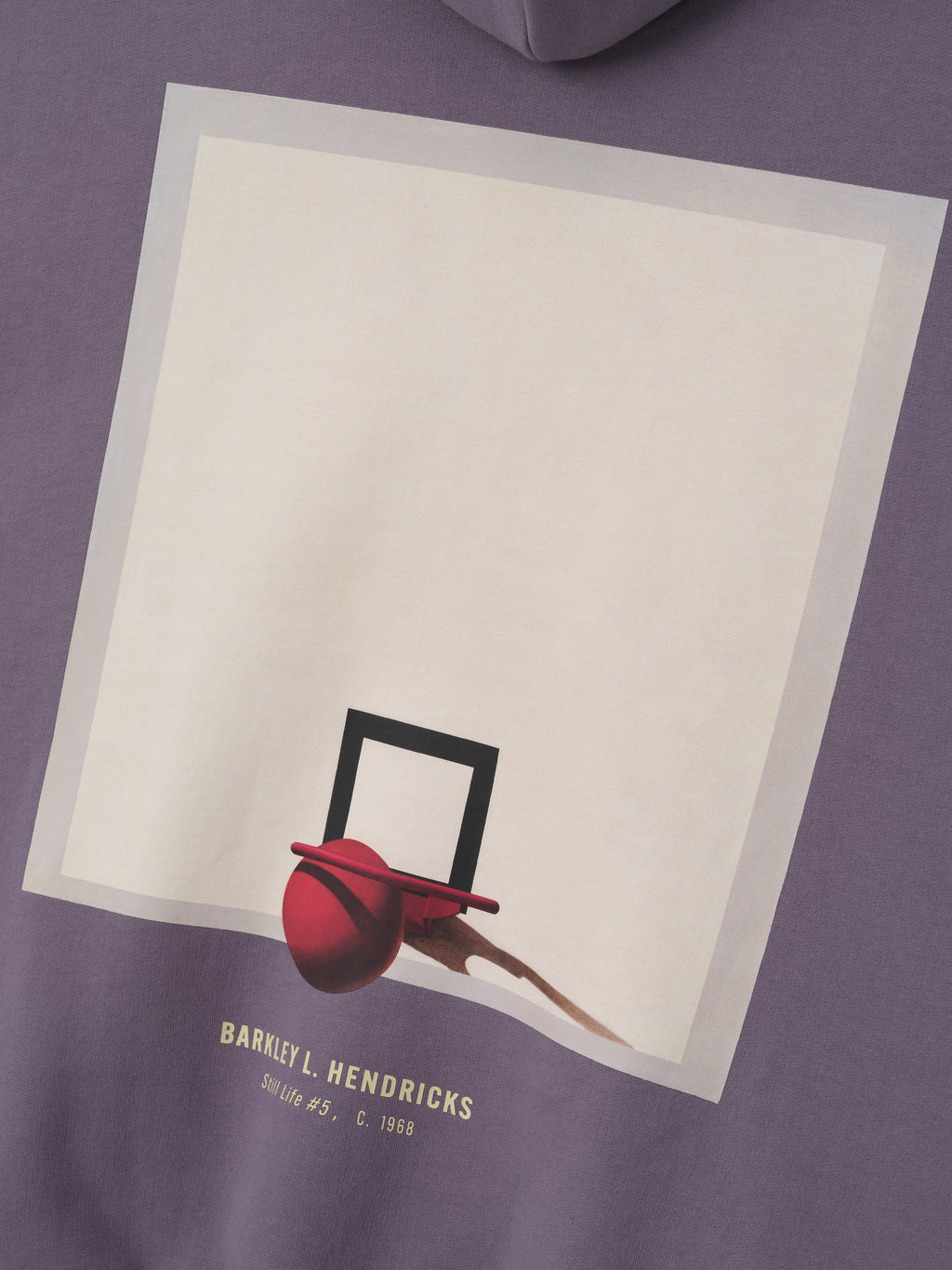 dusty purple heavyweight hoodie with graphic of red basketball hoop and ball and Barkley L. Hendricks text on back