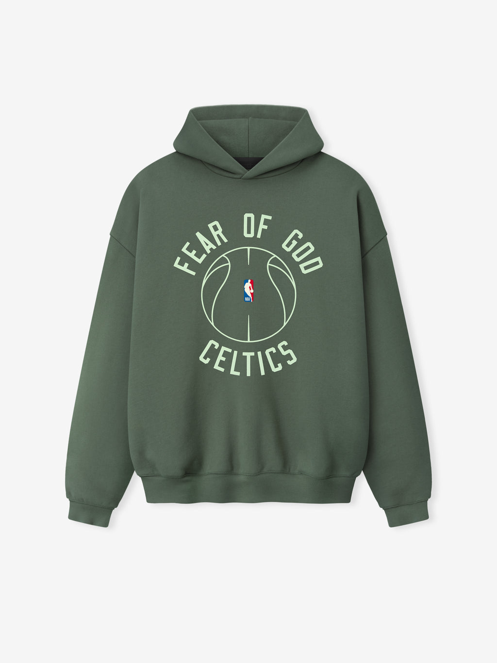 muted green heavyweight hoodie with puff-printed Fear of God Celtics text and outlined basketball logo on front center