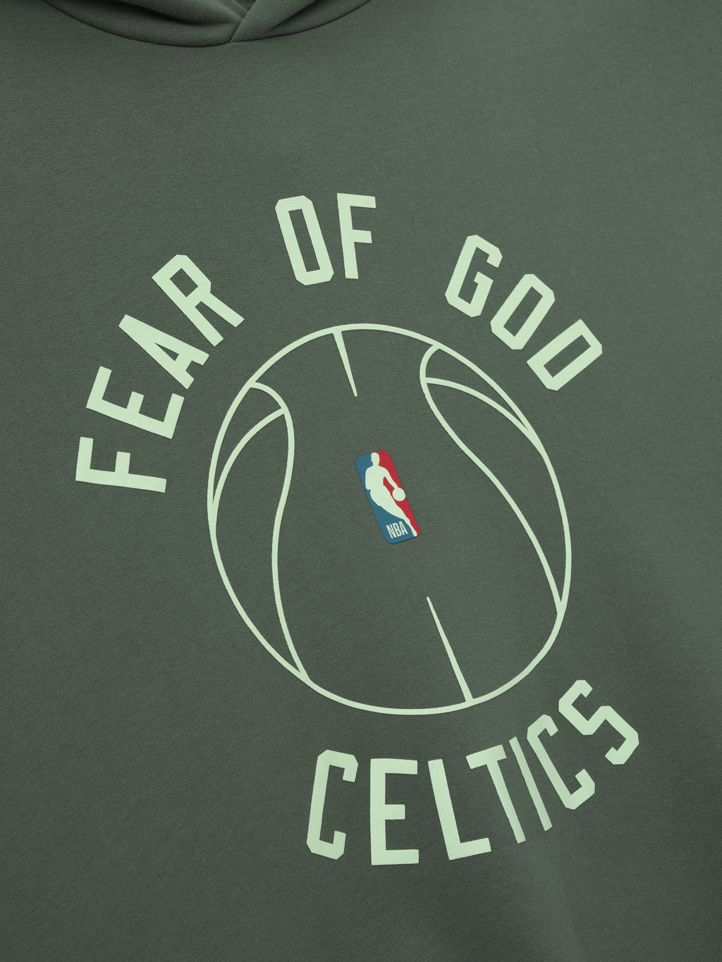 muted green hoodie with outlined basketball and puff-printed FEAR OF GOD CELTICS text on front center
