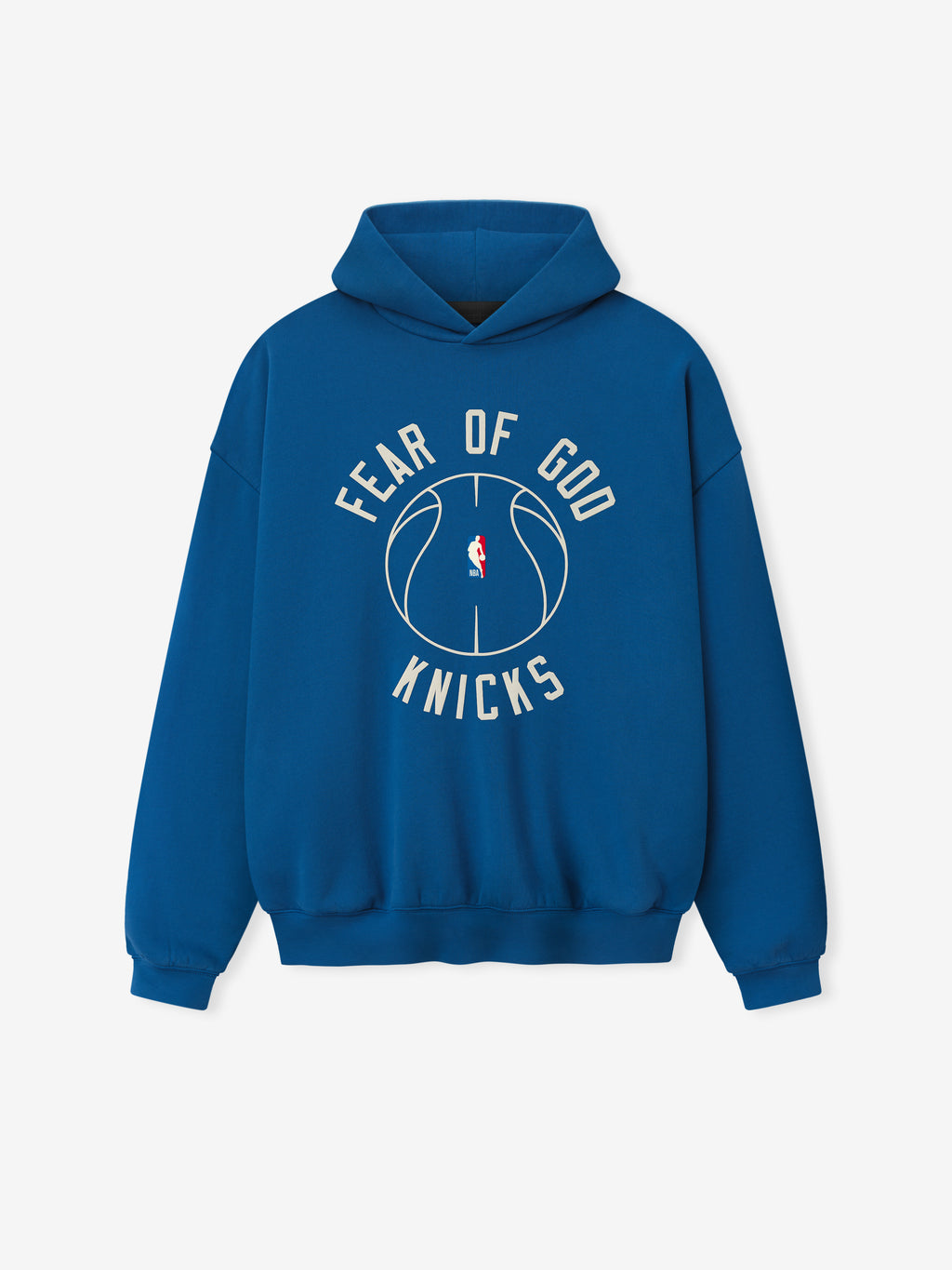 blue heavyweight hoodie with puff-printed Fear of God Knicks text and outlined basketball graphic on front center