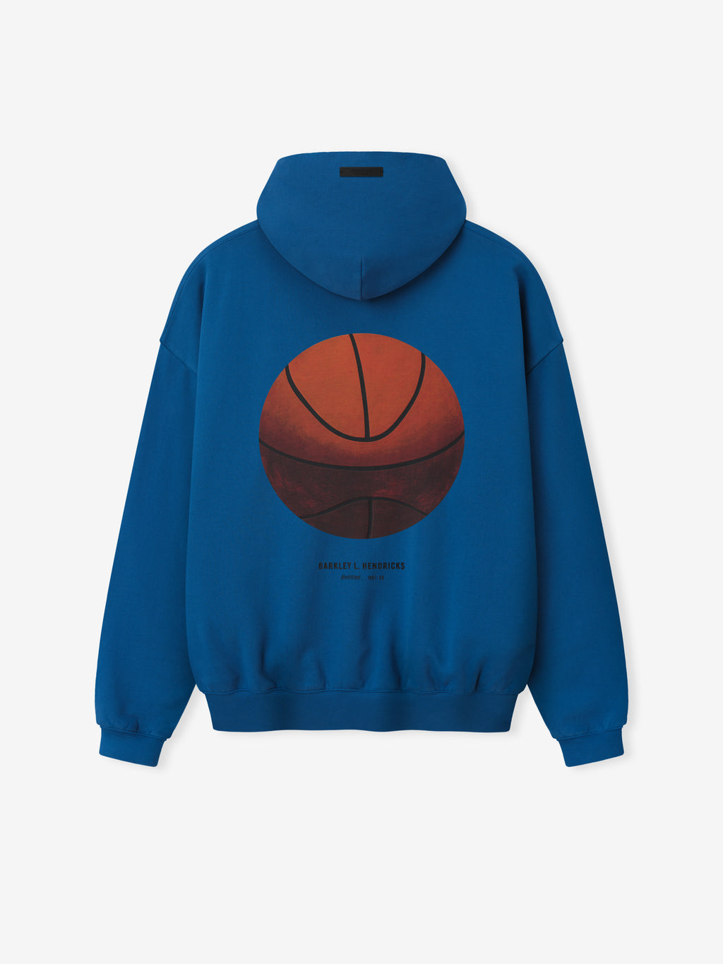 blue heavyweight hoodie with large realistic basketball graphic and Barkley Hendricks text centered on back
