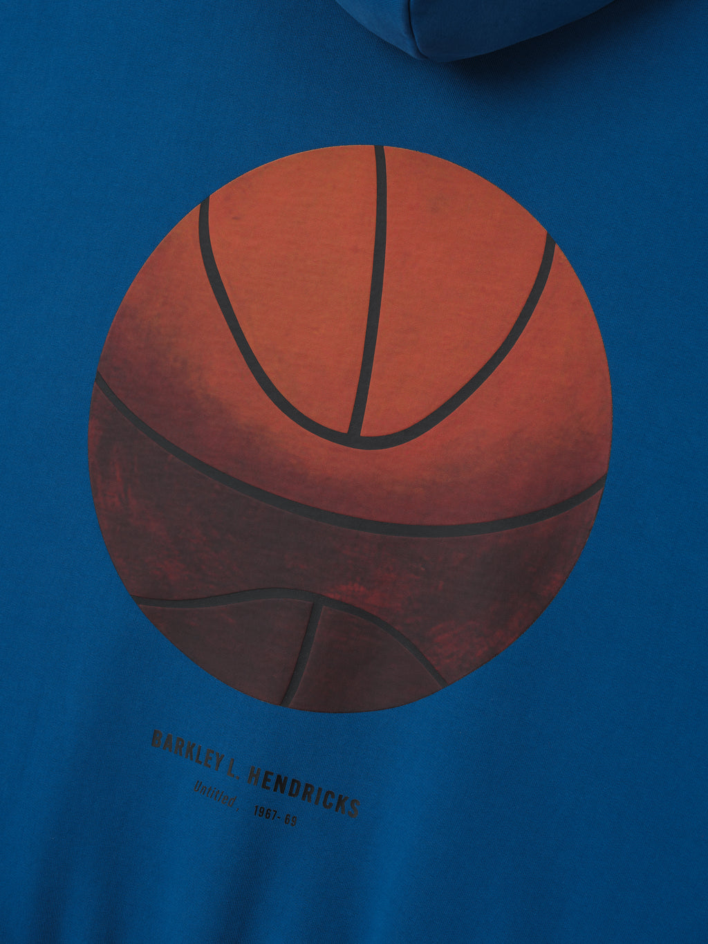 blue heavyweight hoodie with large realistic basketball illustration and Barkley L. Hendricks signature detail below