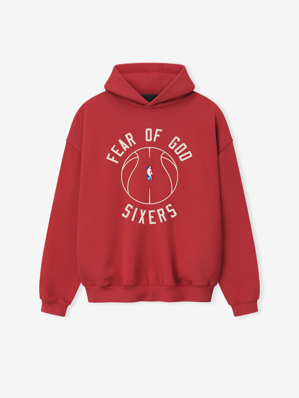 red heavyweight cotton hoodie with puff-printed Fear of God Sixers text and outlined basketball graphic on front center