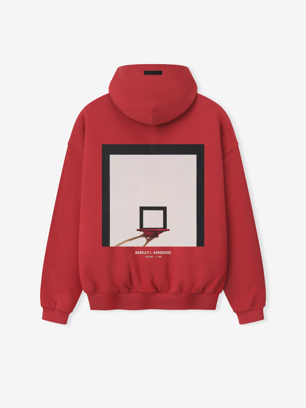 red heavyweight hoodie with framed basketball hoop graphic and Barkley L. Hendricks text on lower back center