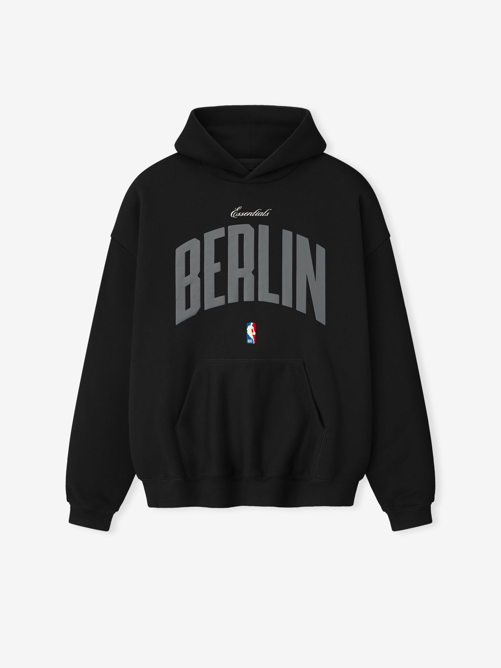 Front-facing black Berlin 90's Hoodie with large curved grey Berlin text and small NBA logo below pocket, gallery 0.