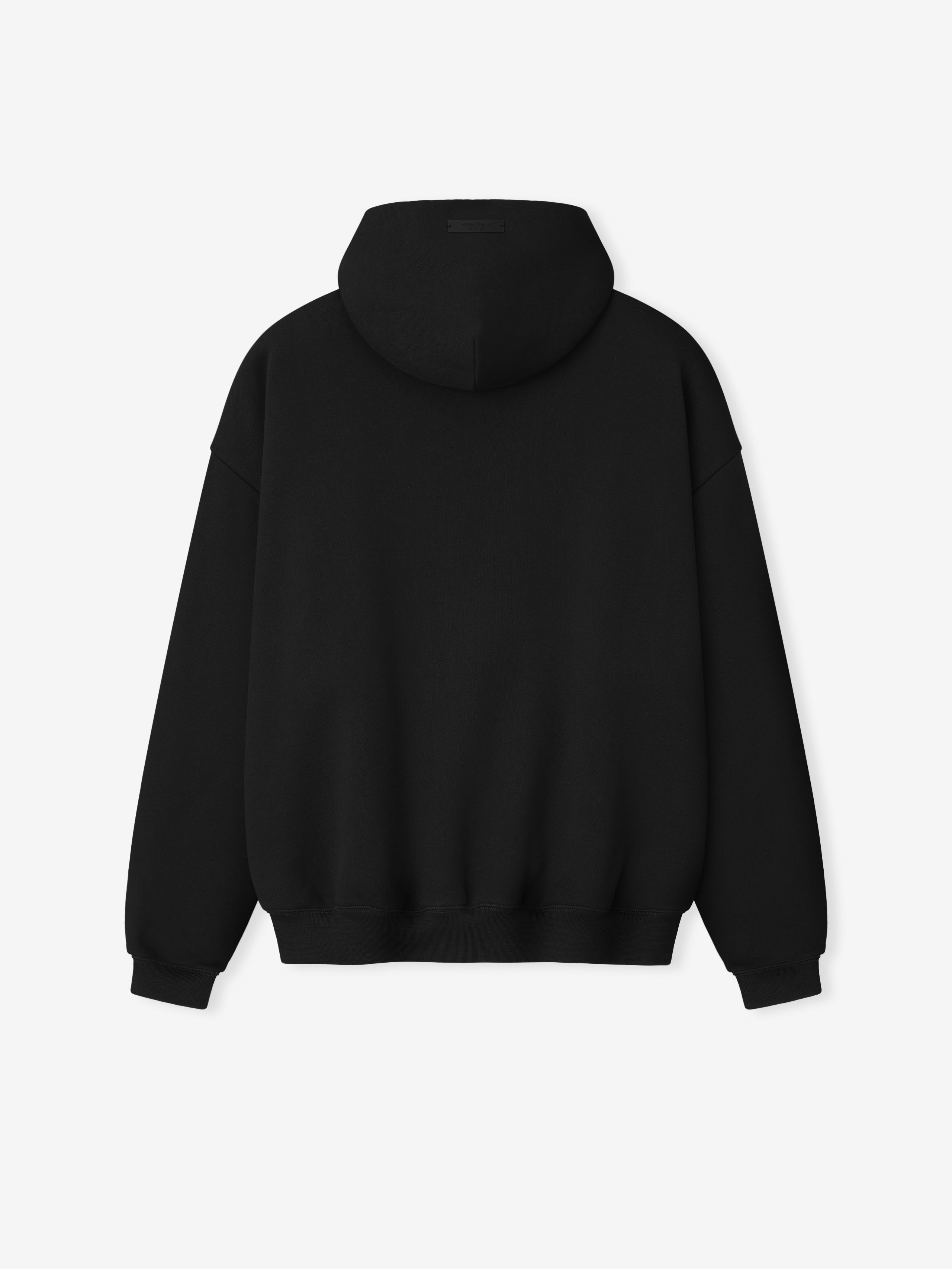 Back view of black Berlin 90's Hoodie showing plain design with hood and ribbed cuffs, gallery position 0.