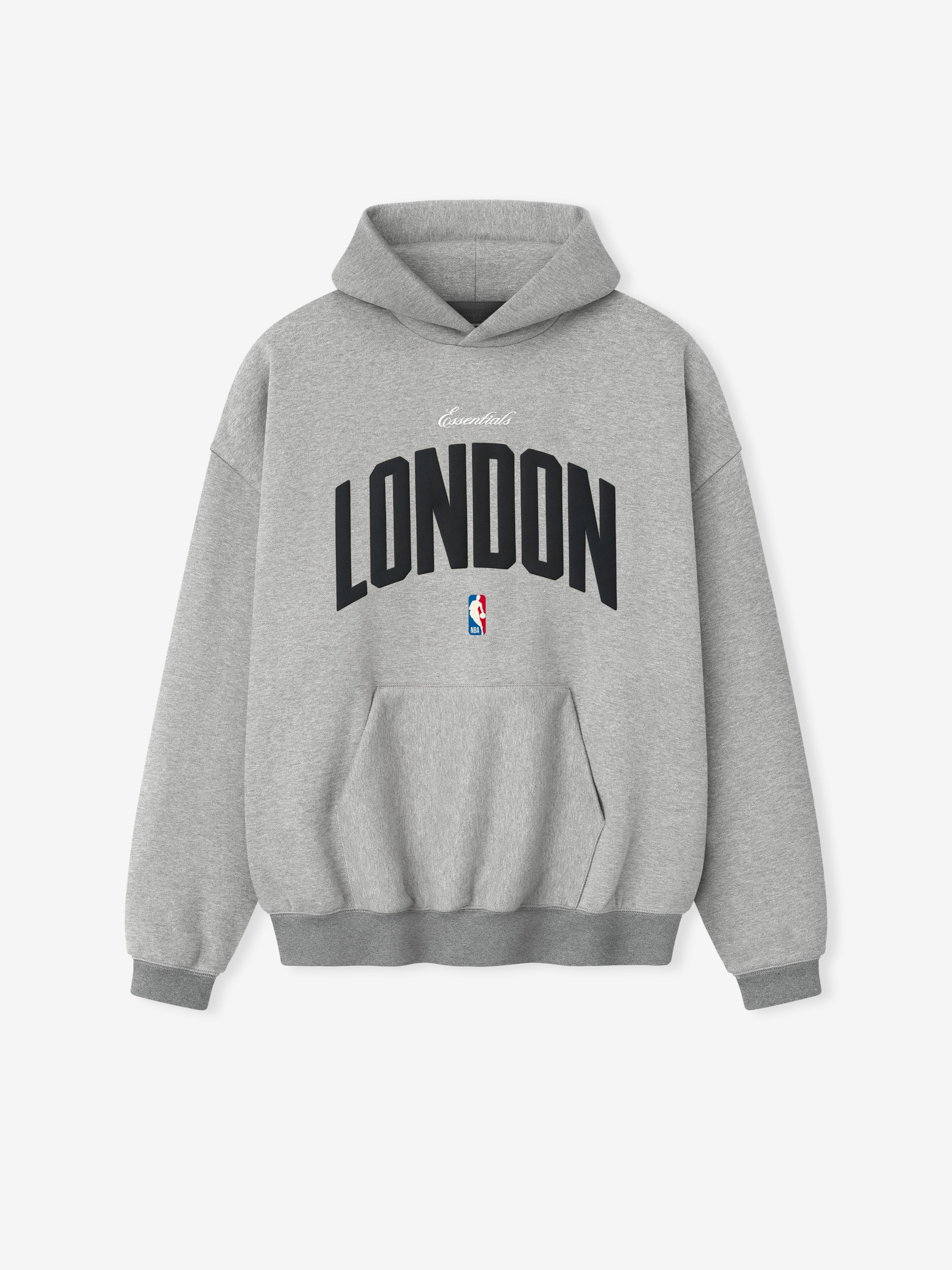 Front view of concrete heather London 90s Hoodie with bold black "London" text and small NBA logo, gallery position 0