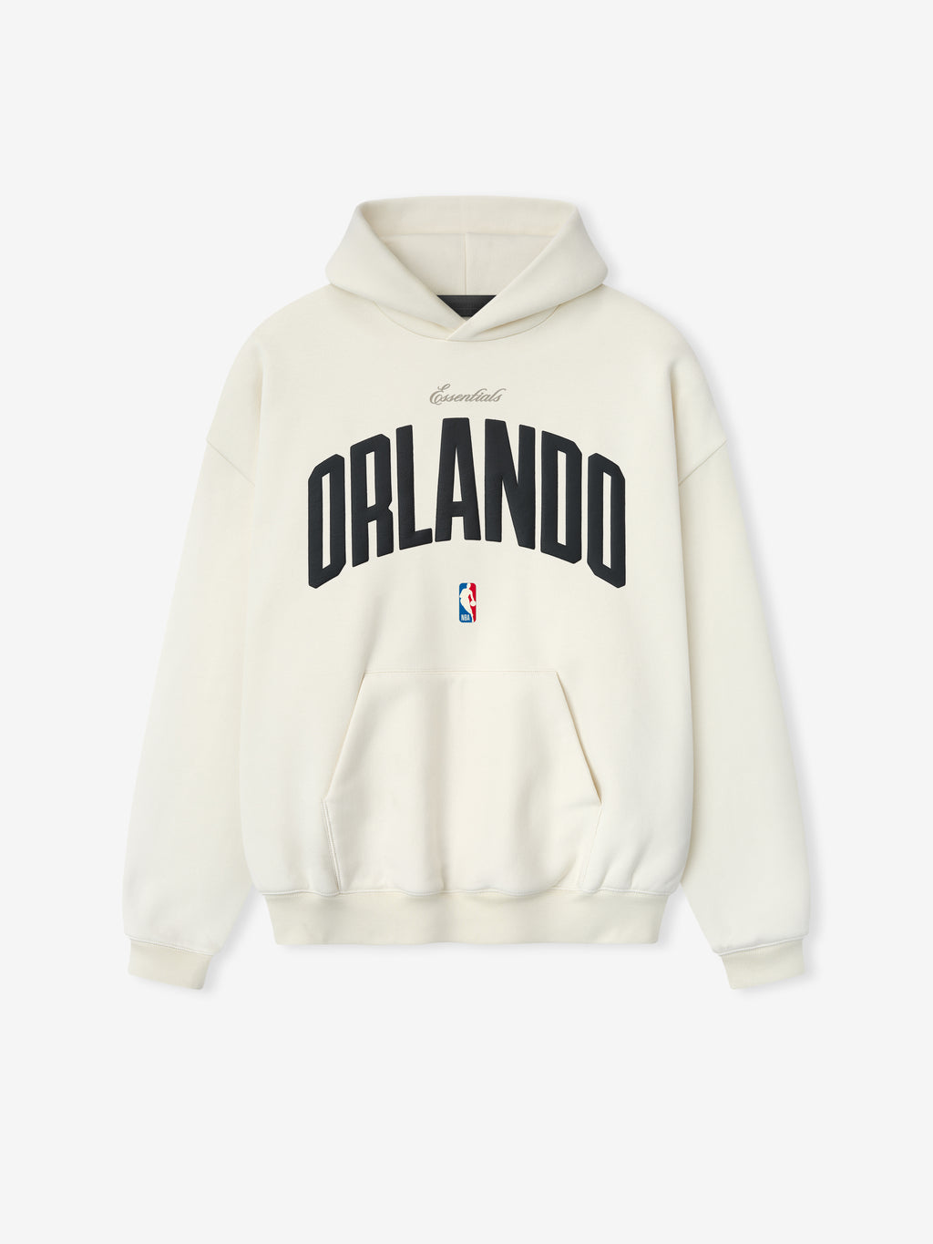 Cream white Orlando Magic 90s Hoodie with large black Orlando text and small NBA logo, front view, gallery 0.