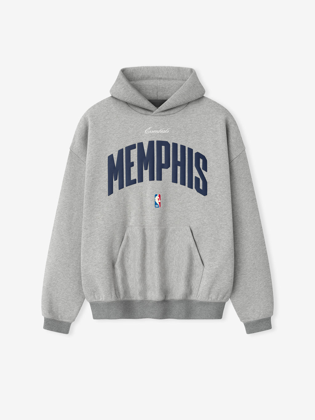 Front view of concrete heather Memphis Grizzlies 90'S Hoodie with navy Memphis text and small NBA logo, gallery 0.