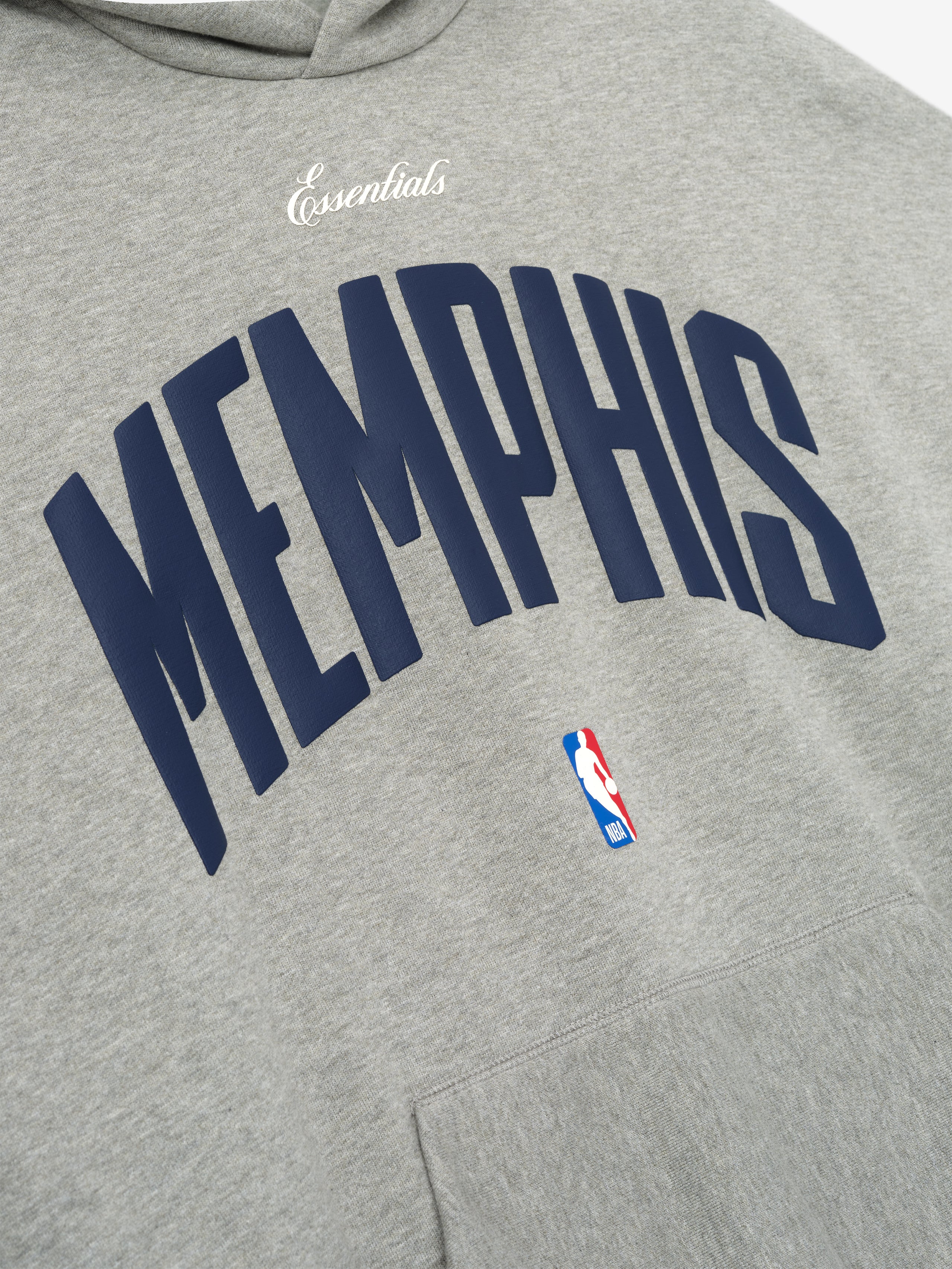 Close-up of concrete heather Memphis Grizzlies 90'S Hoodie showing large navy Memphis text and small NBA logo, gallery 0.