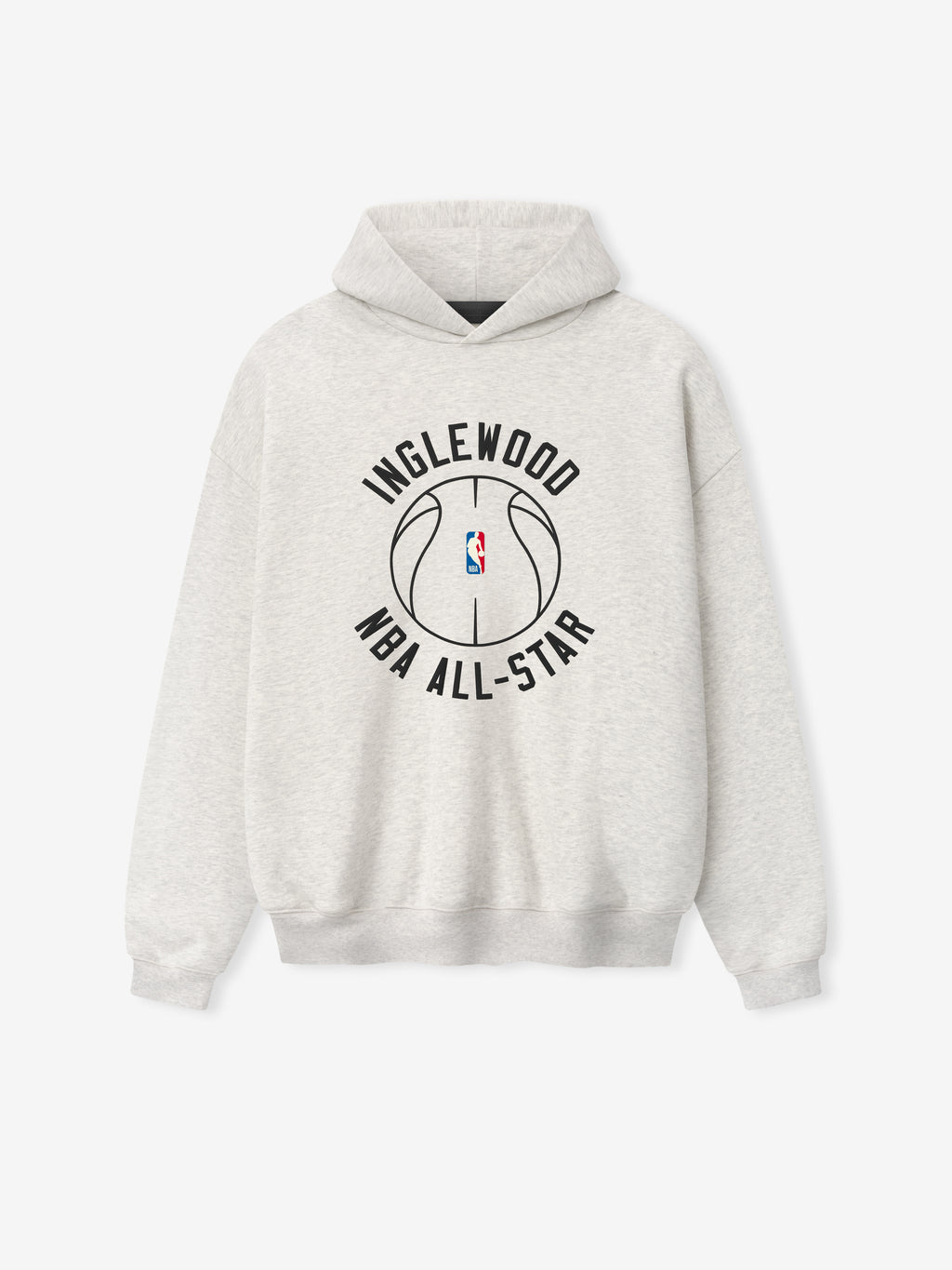 light gray heavyweight hoodie with INGLEWOOD NBA ALL-STAR text encircling outlined basketball and NBA logo on front center