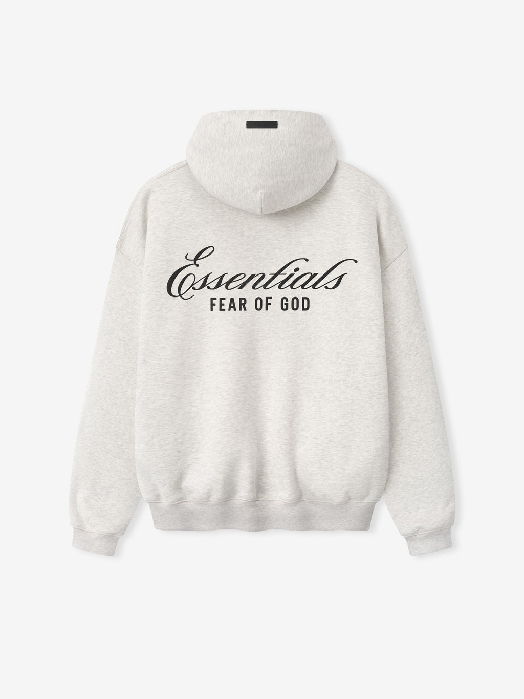 light gray heavyweight cotton fleece hoodie with black Essentials Fear of God logo printed on back center