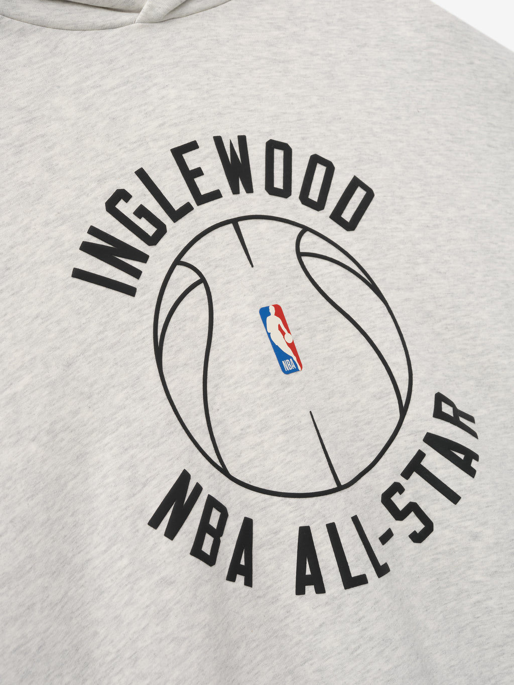 light gray heavyweight cotton fleece hoodie with puff-printed Inglewood NBA All-Star basketball graphic on front center