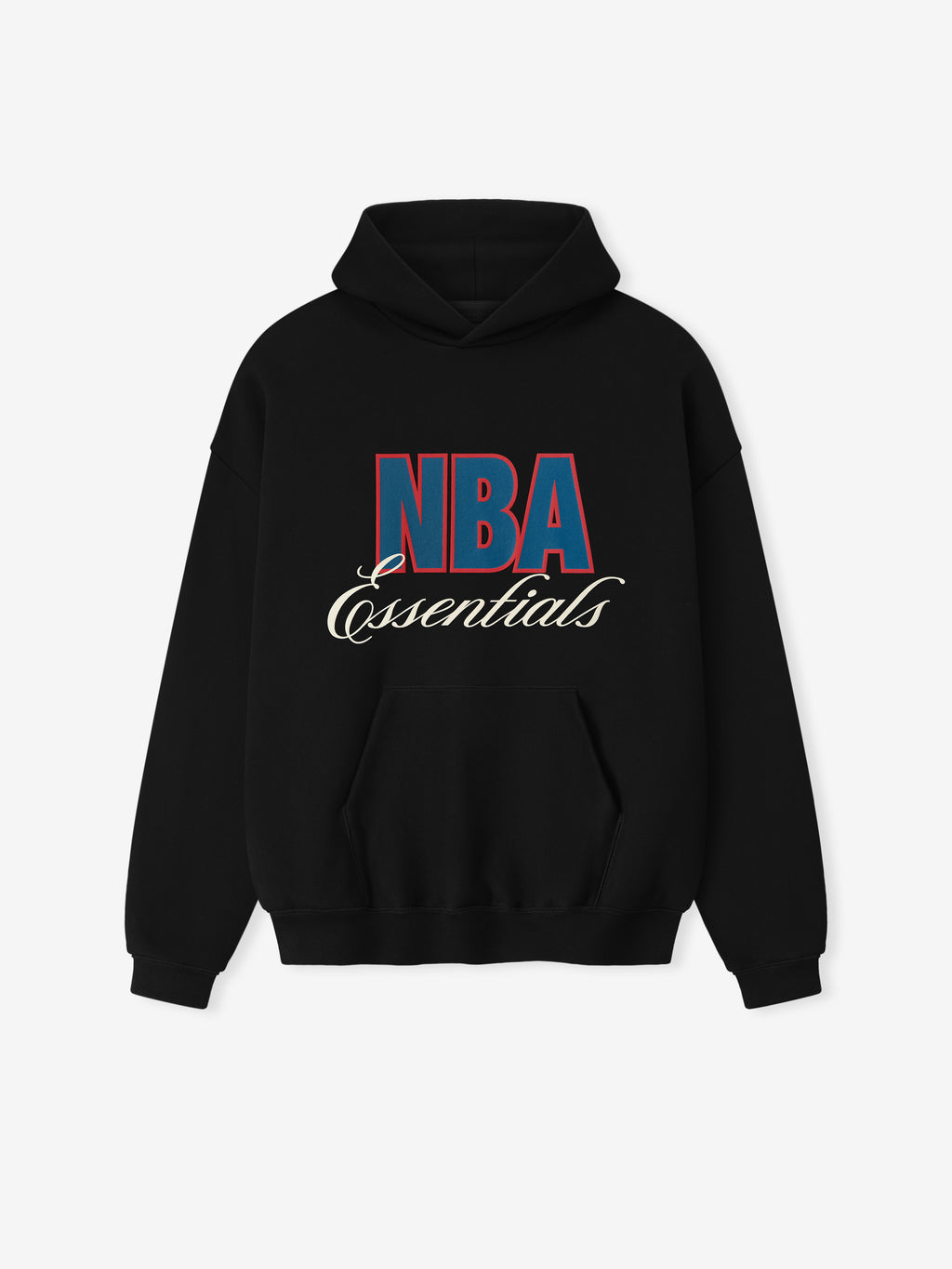 Black NBA 90s Hoodie front view showcasing large blue and red NBA text with cream Essentials script and kangaroo pocket