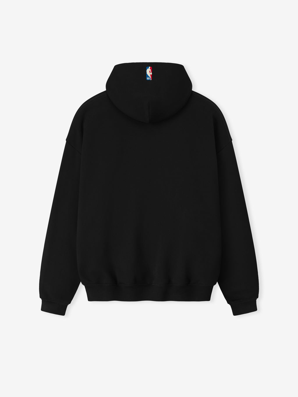 Back view of black NBA 90s Hoodie featuring small NBA logo on hood with ribbed cuffs and hem detailing
