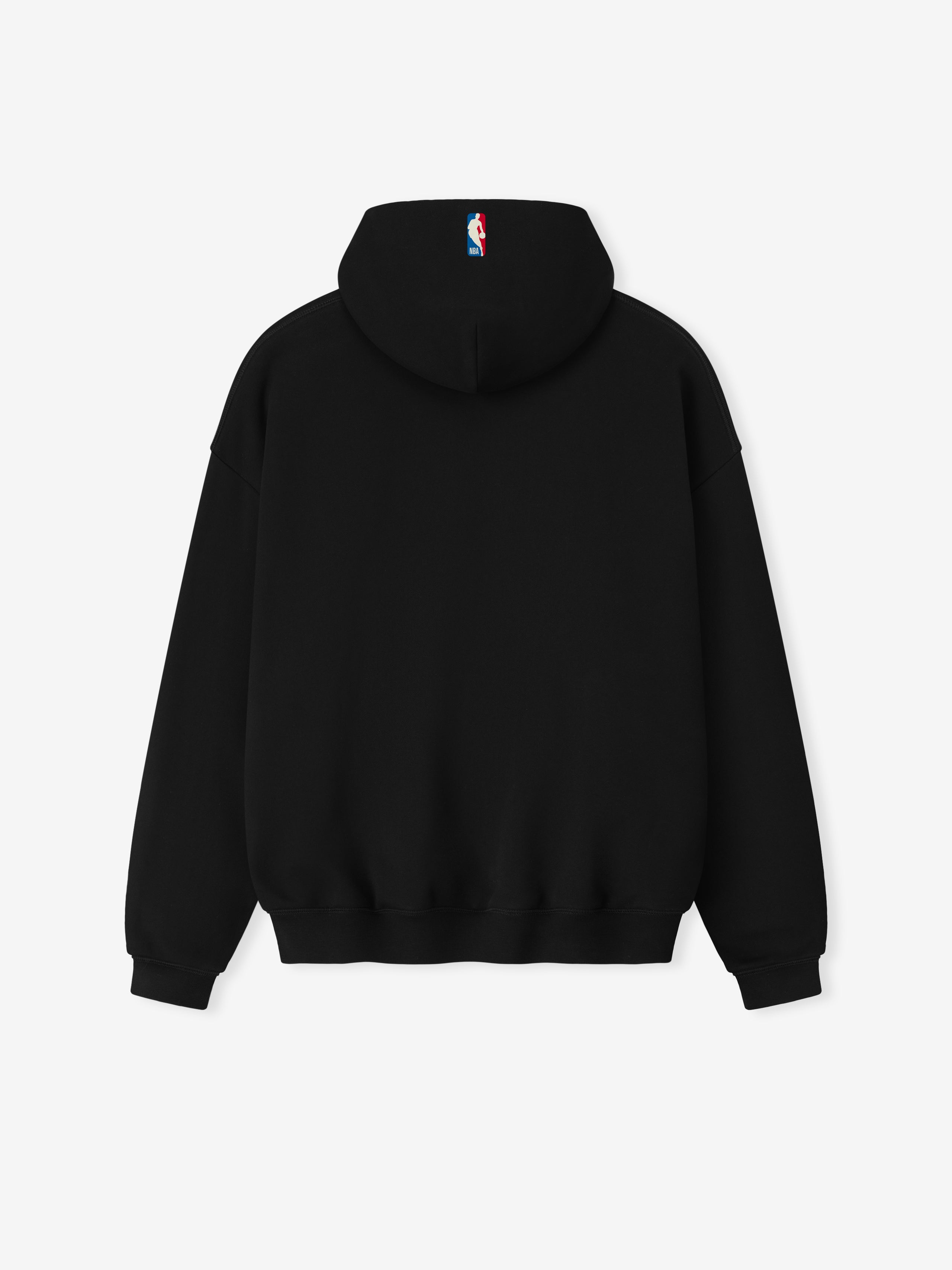 Back view of black NBA 90s Hoodie featuring small NBA logo on hood with ribbed cuffs and hem detailing
