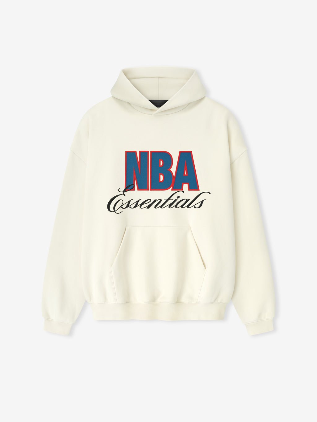 Front view of cream white NBA 90s Hoodie with large bold NBA text and cursive Essentials script above kangaroo pocket