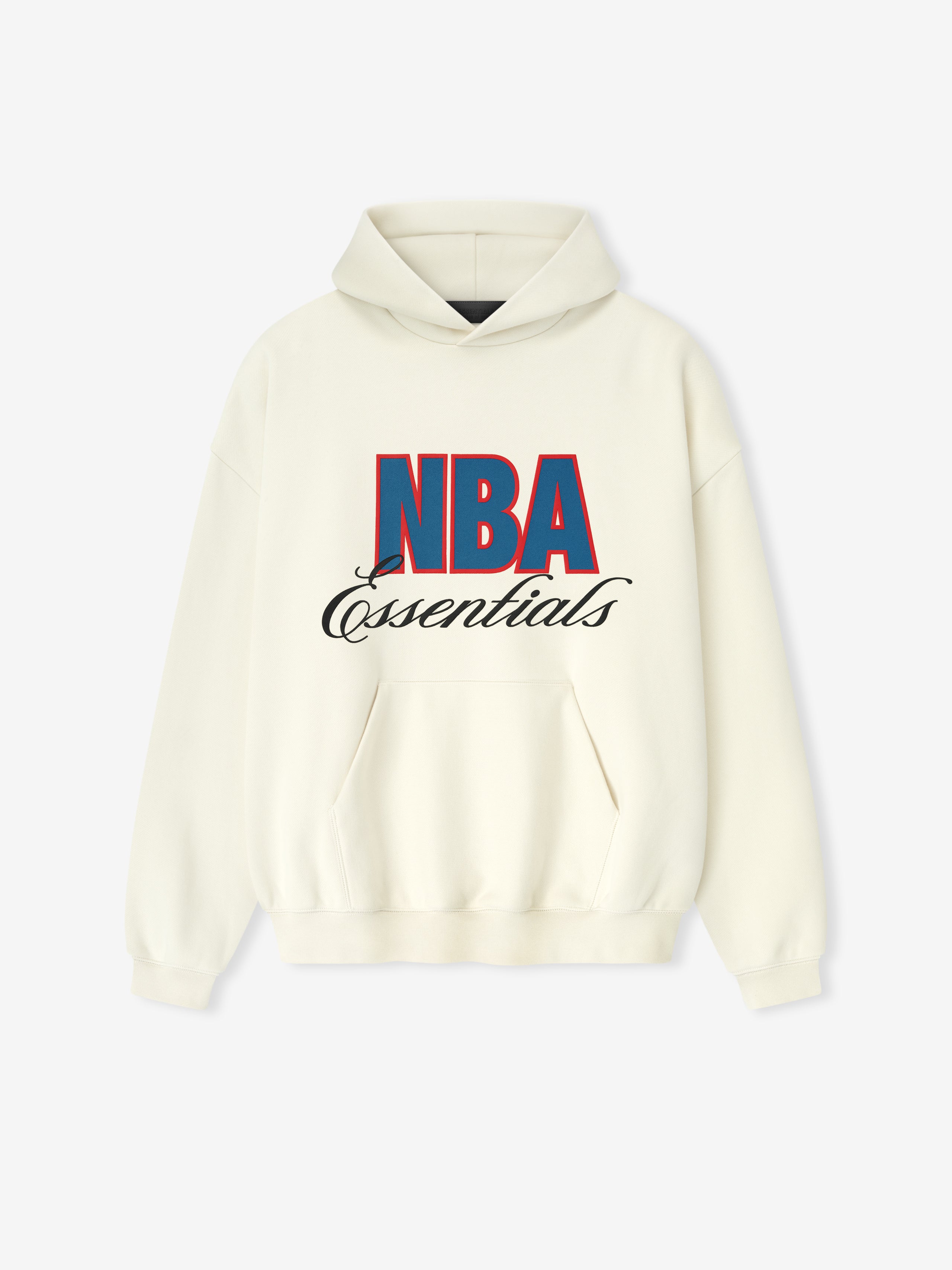 Front view of cream white NBA 90s Hoodie with large bold NBA text and cursive Essentials script above kangaroo pocket