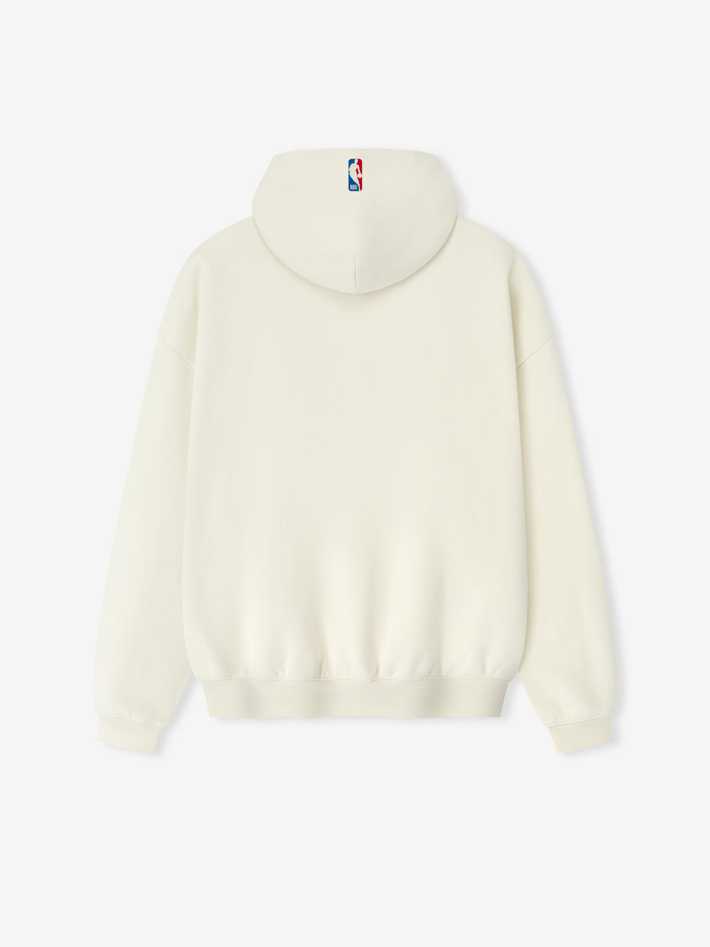 Back view of cream white NBA 90s Hoodie featuring small NBA logo centered on the hood with ribbed cuffs and hem