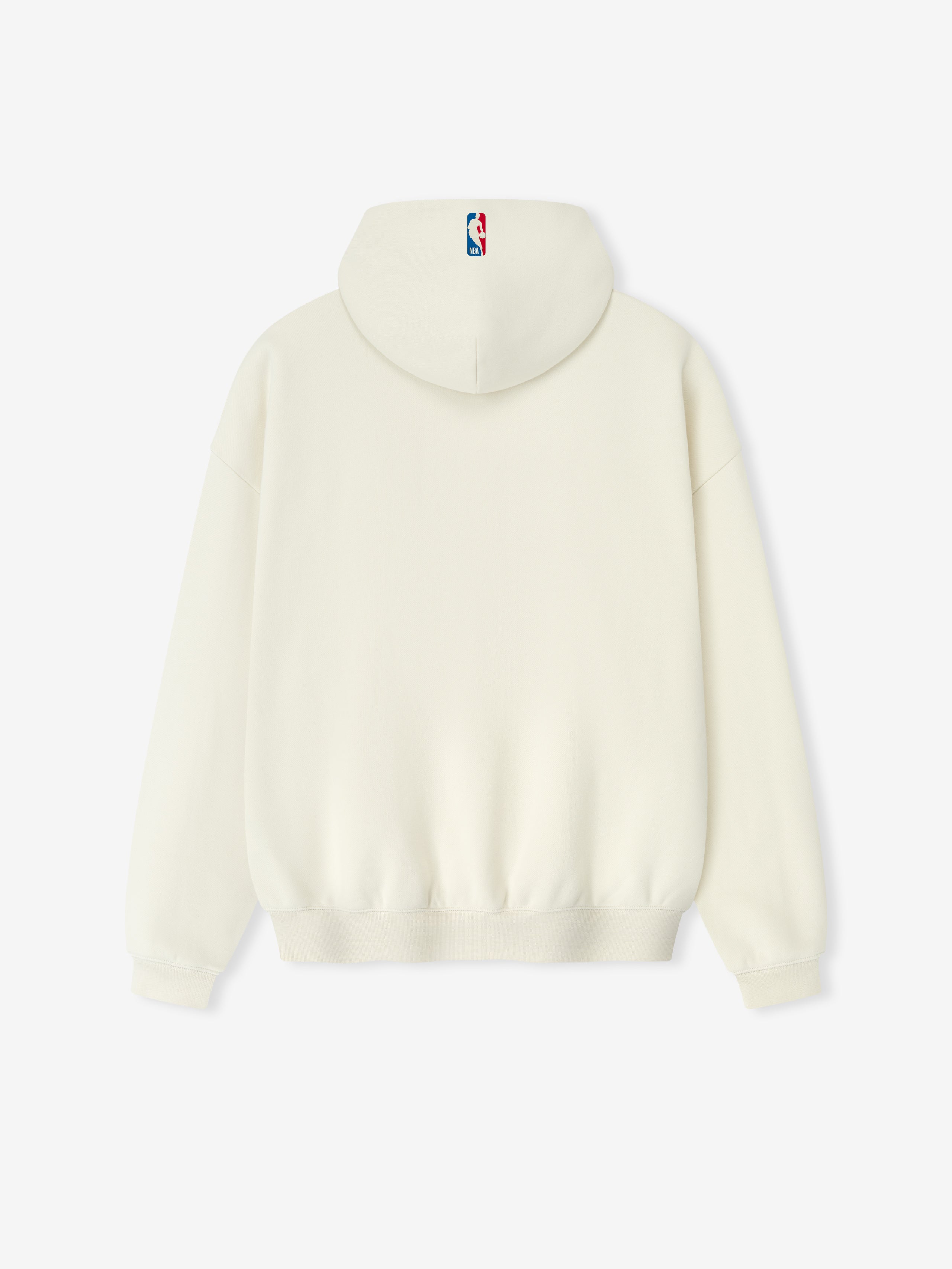 Back view of cream white NBA 90s Hoodie featuring small NBA logo centered on the hood with ribbed cuffs and hem