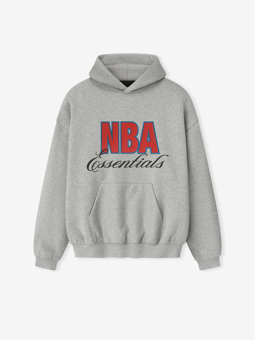Concrete heather NBA 90s Hoodie front view with bold red and blue NBA text and black Essentials script above kangaroo pocket